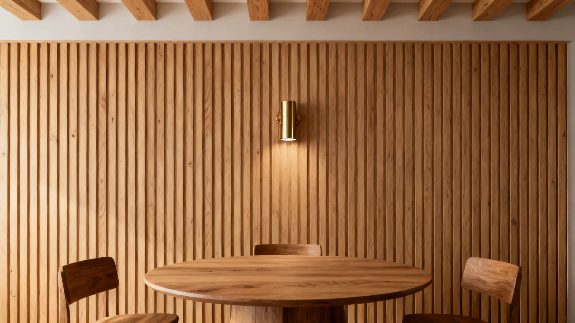 Dining wall with vertical wood slats, brass sconce, and round table to visually raise the ceiling.