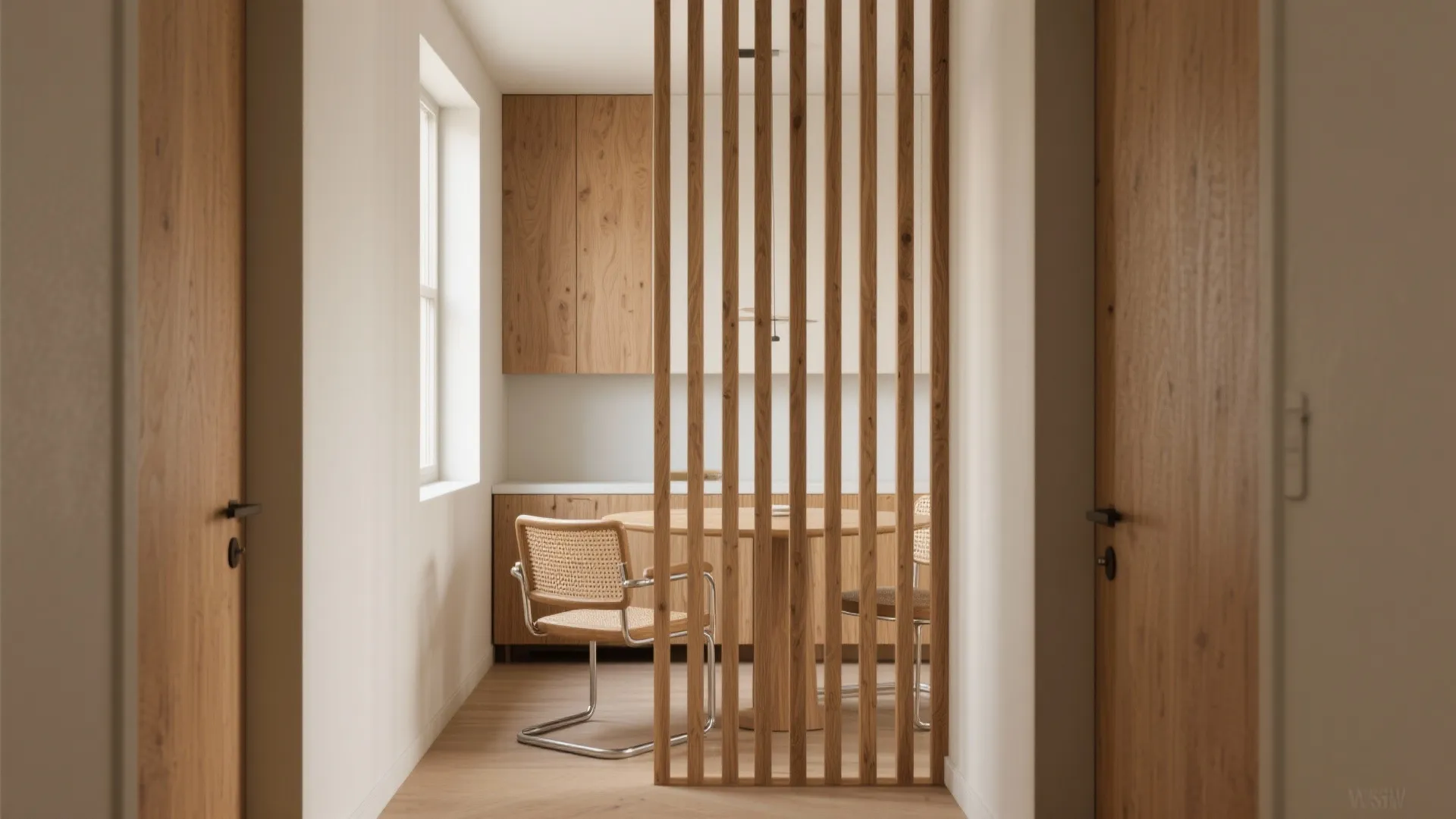 Wood slat dividers that warm the room and tame sightlines