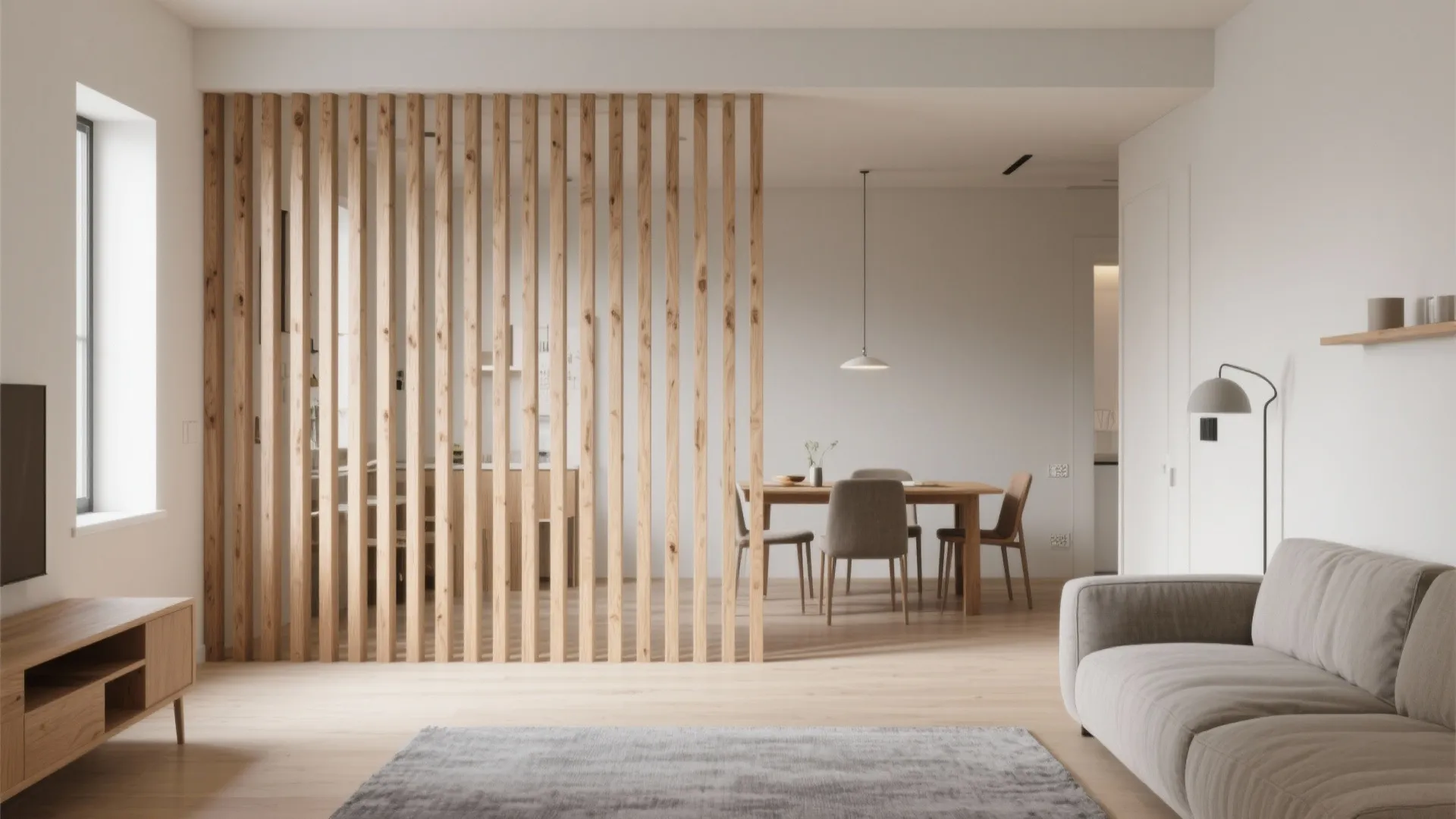 Thin oak wood slat divider gently separates living and dining with warm texture and light.