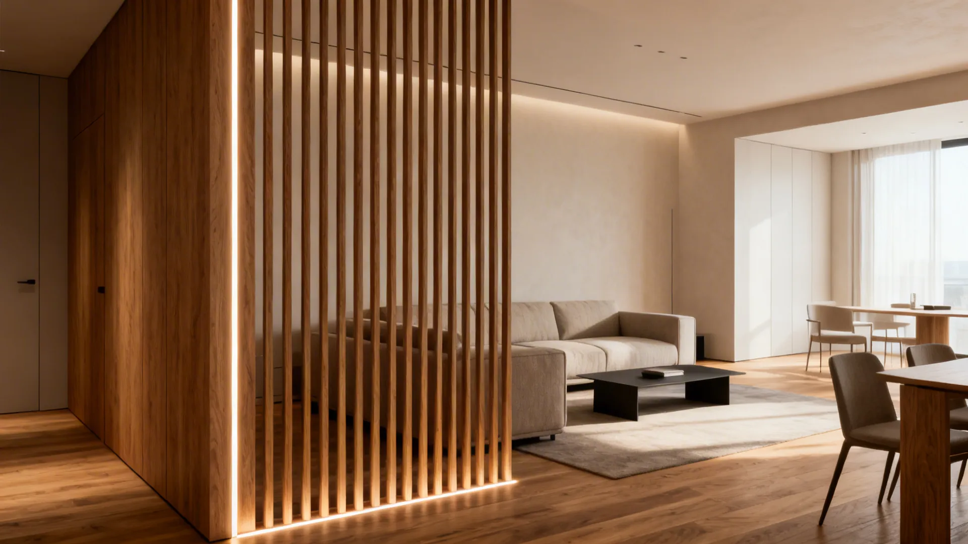 Slim oak slat divider gently separates drawing and living zones while keeping light and airflow.