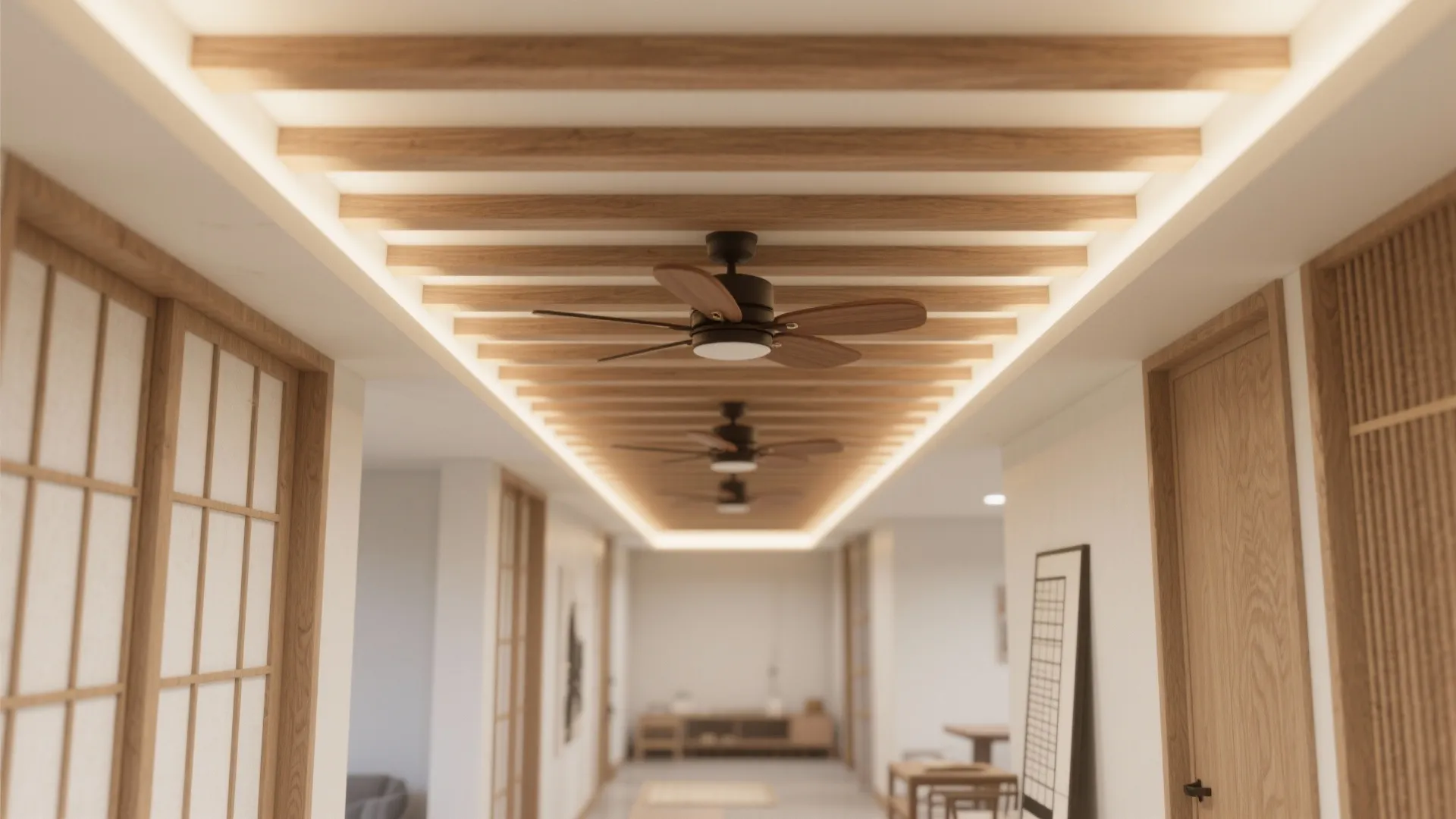 Wood slat runners with concealed beams and dual fans