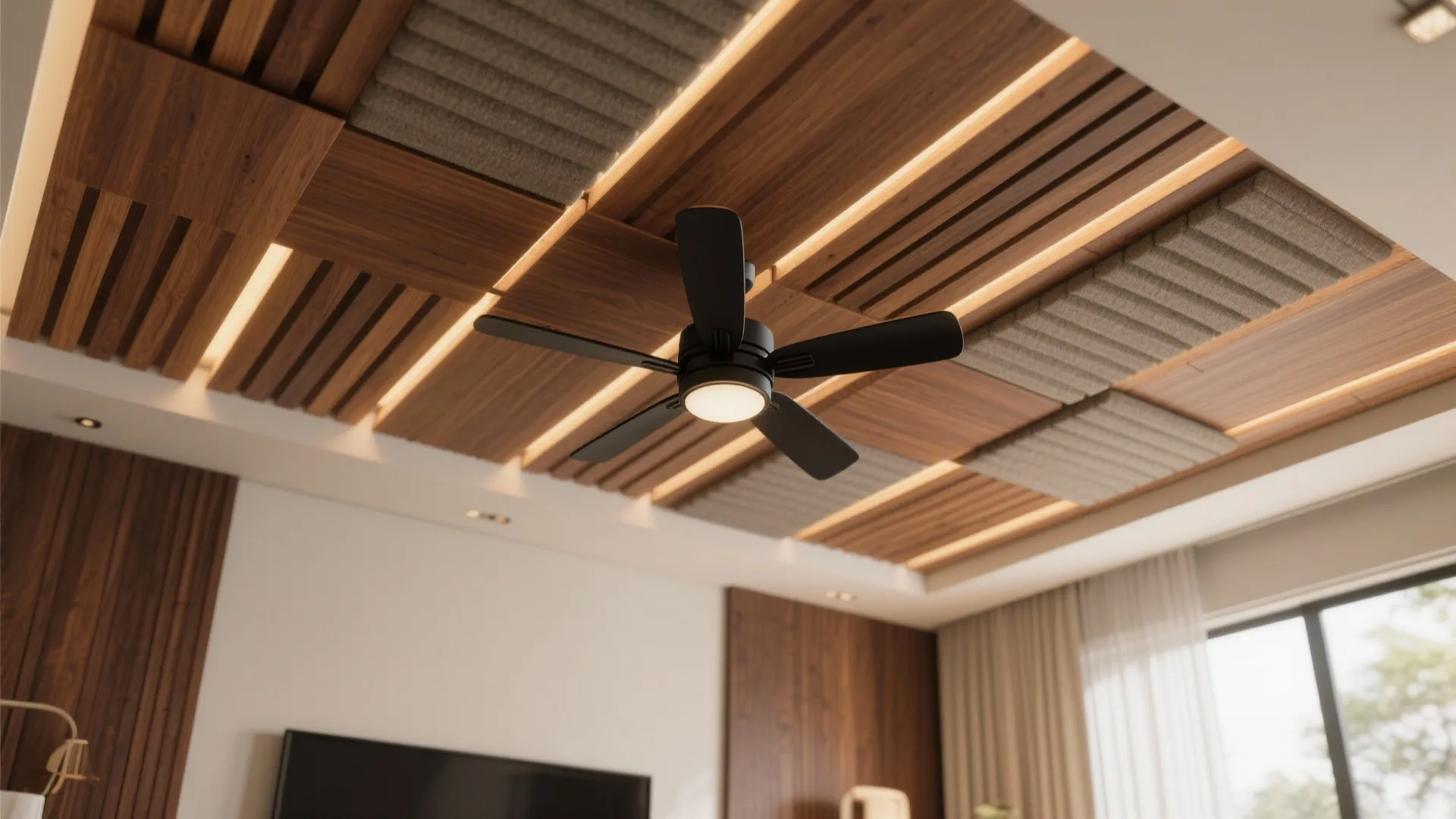 Warm Wood Slats and Acoustic Panels Around the Fan
