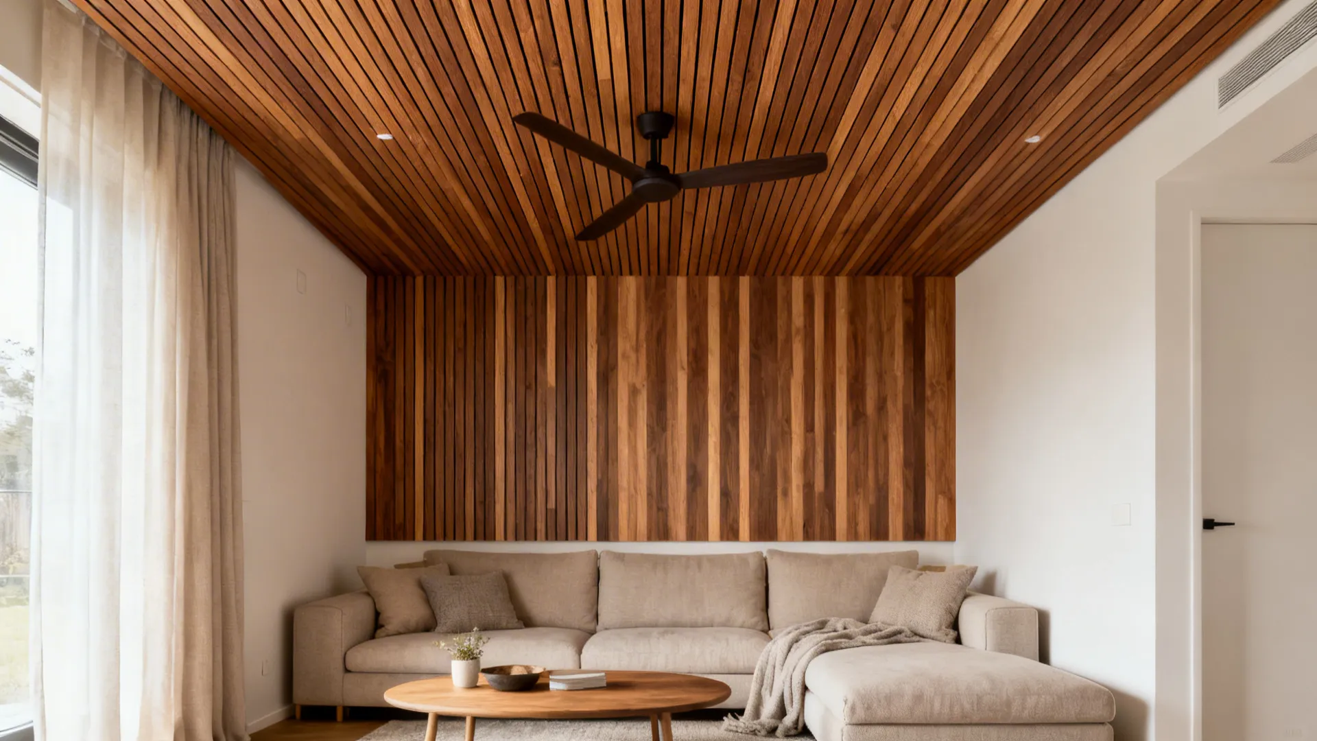 Compact living room with oak or walnut slat ceiling panel and a slim dark fan centered over seating.