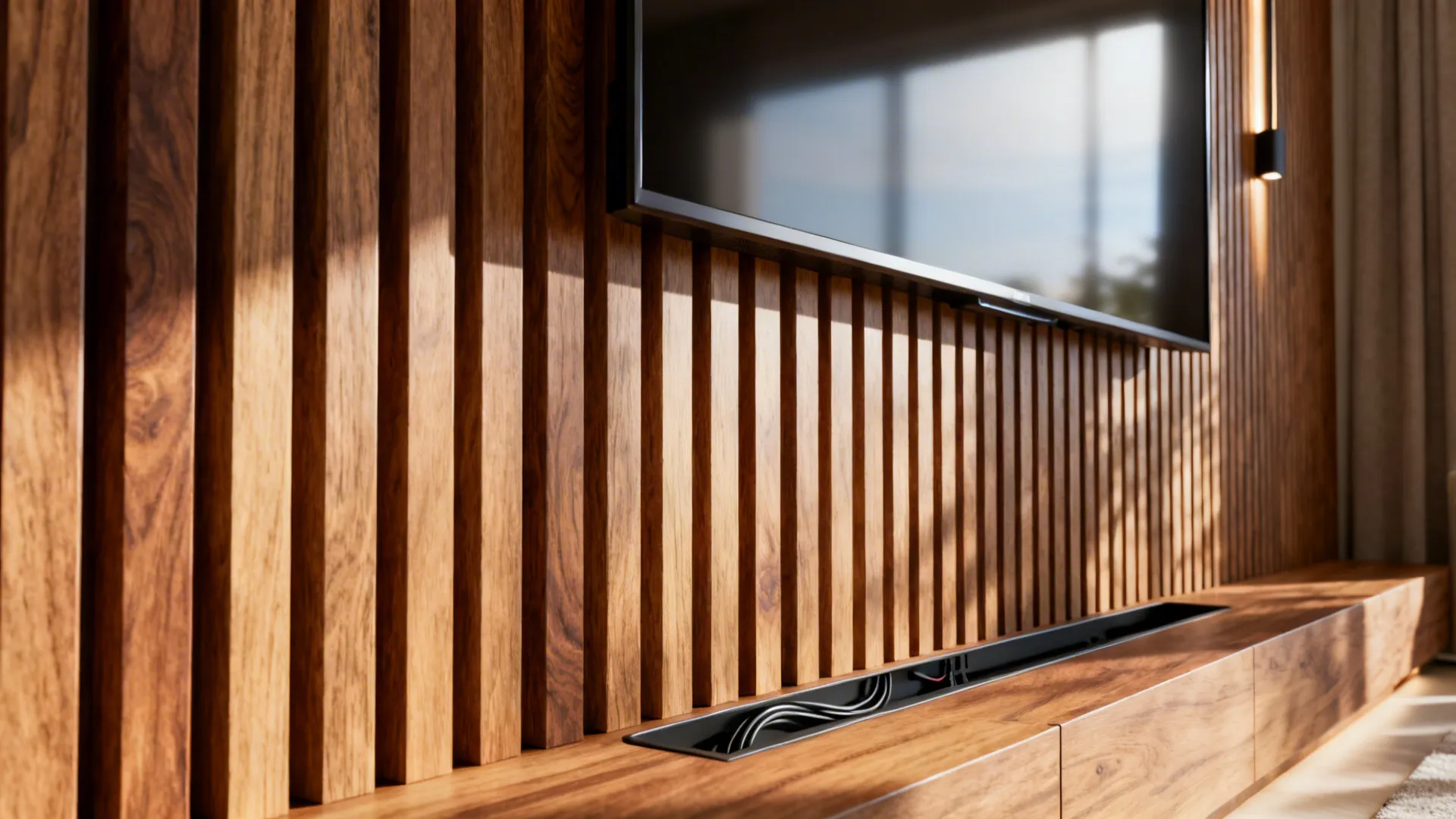 Engineered wood slat feature wall behind a TV showing texture and cable concealment