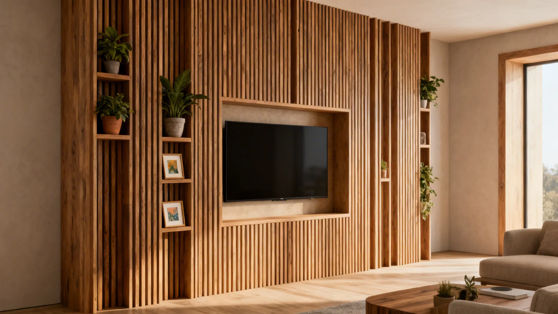 Wood slat feature wall with integrated shelving and recessed TV niche