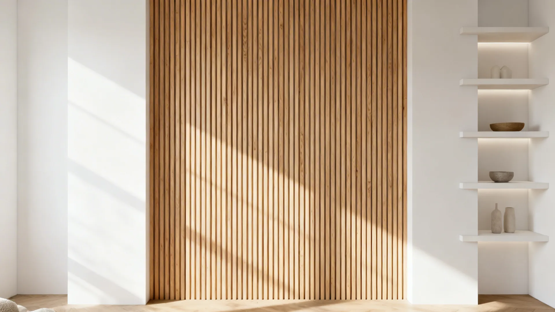White living room with vertical light oak wood slat accent wall and floating shelves