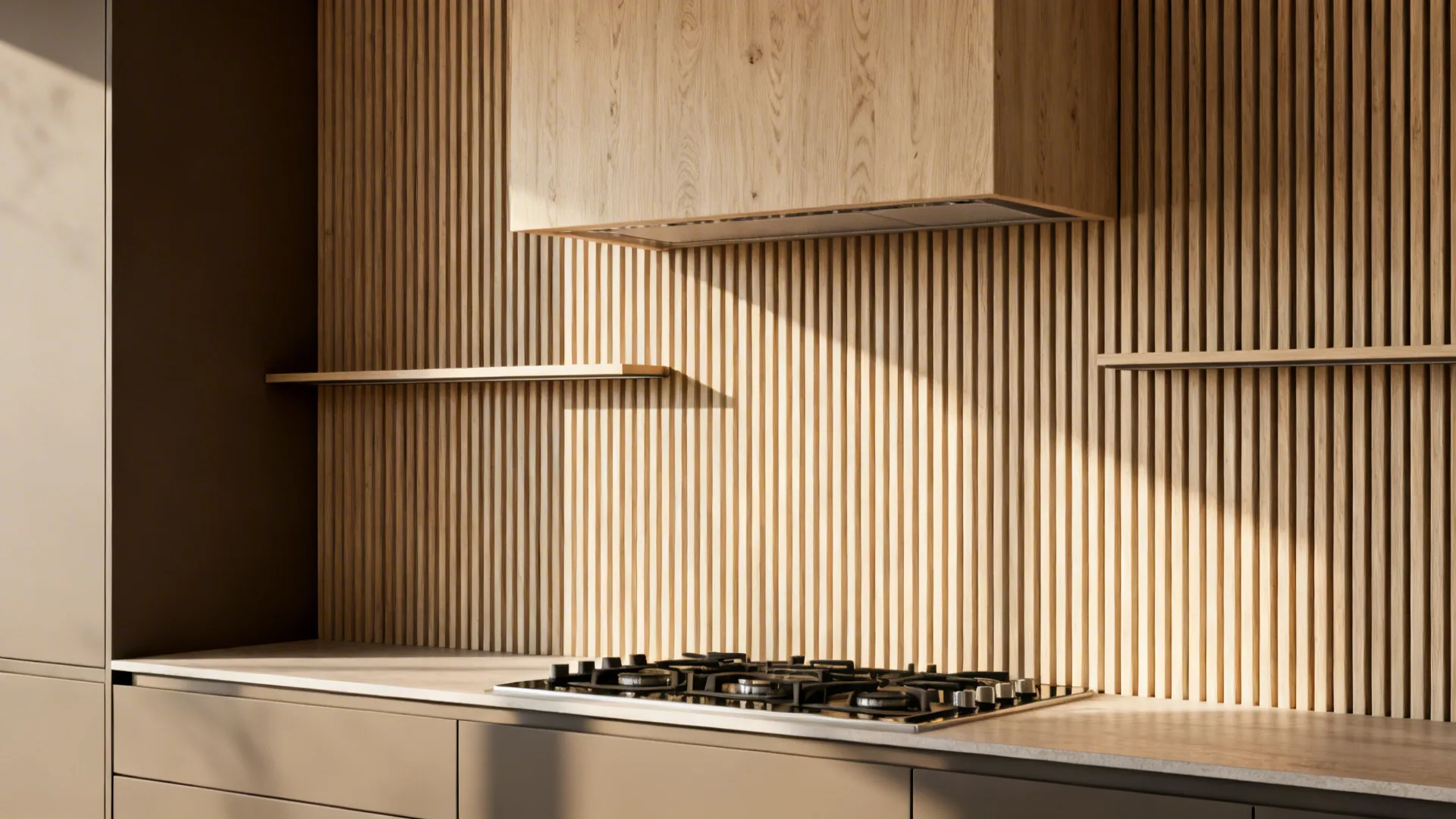 Vertical white oak slat feature wall behind a range with a minimalist hood and clean adjacent storage.