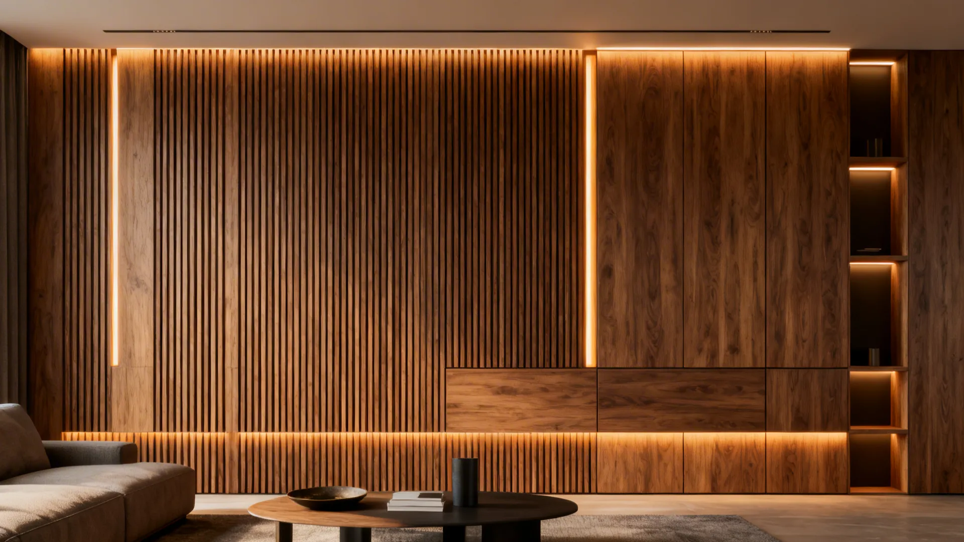 Modern living room with vertical wood slats and modular panels with integrated warm LED lighting.