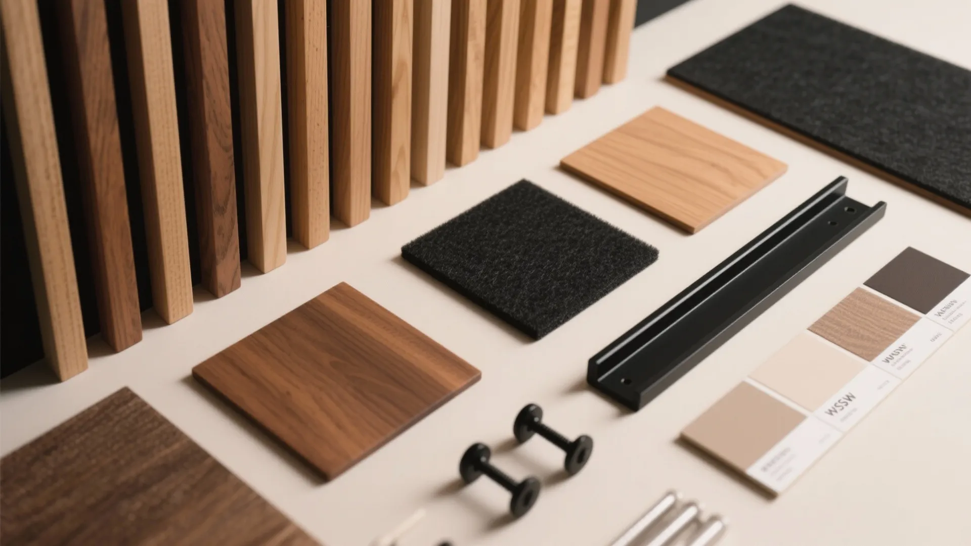 Collection of interior design materials including wood slats fabric samples color swatches and black hardware