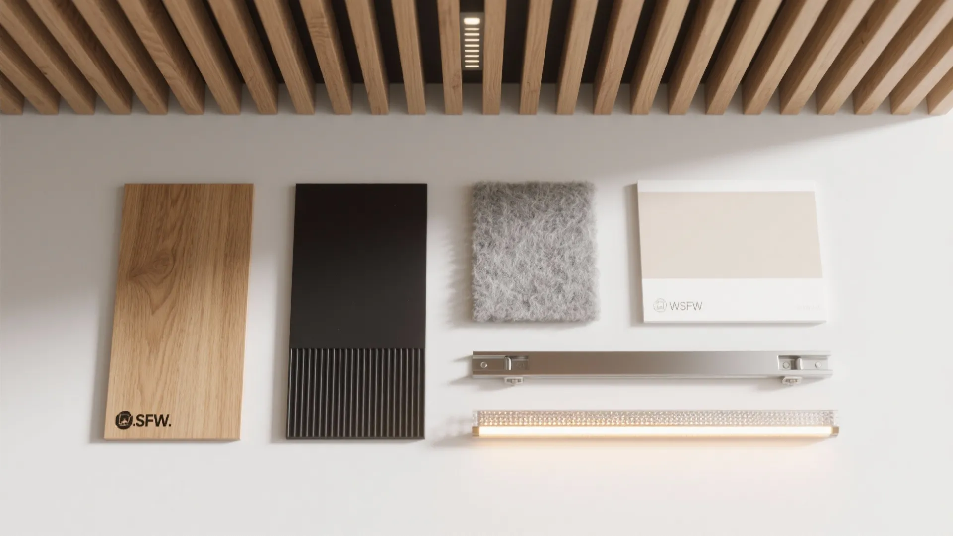 Top-down material set: oak slat, acoustic felt, black metal, paint chip, and LED diffuser.