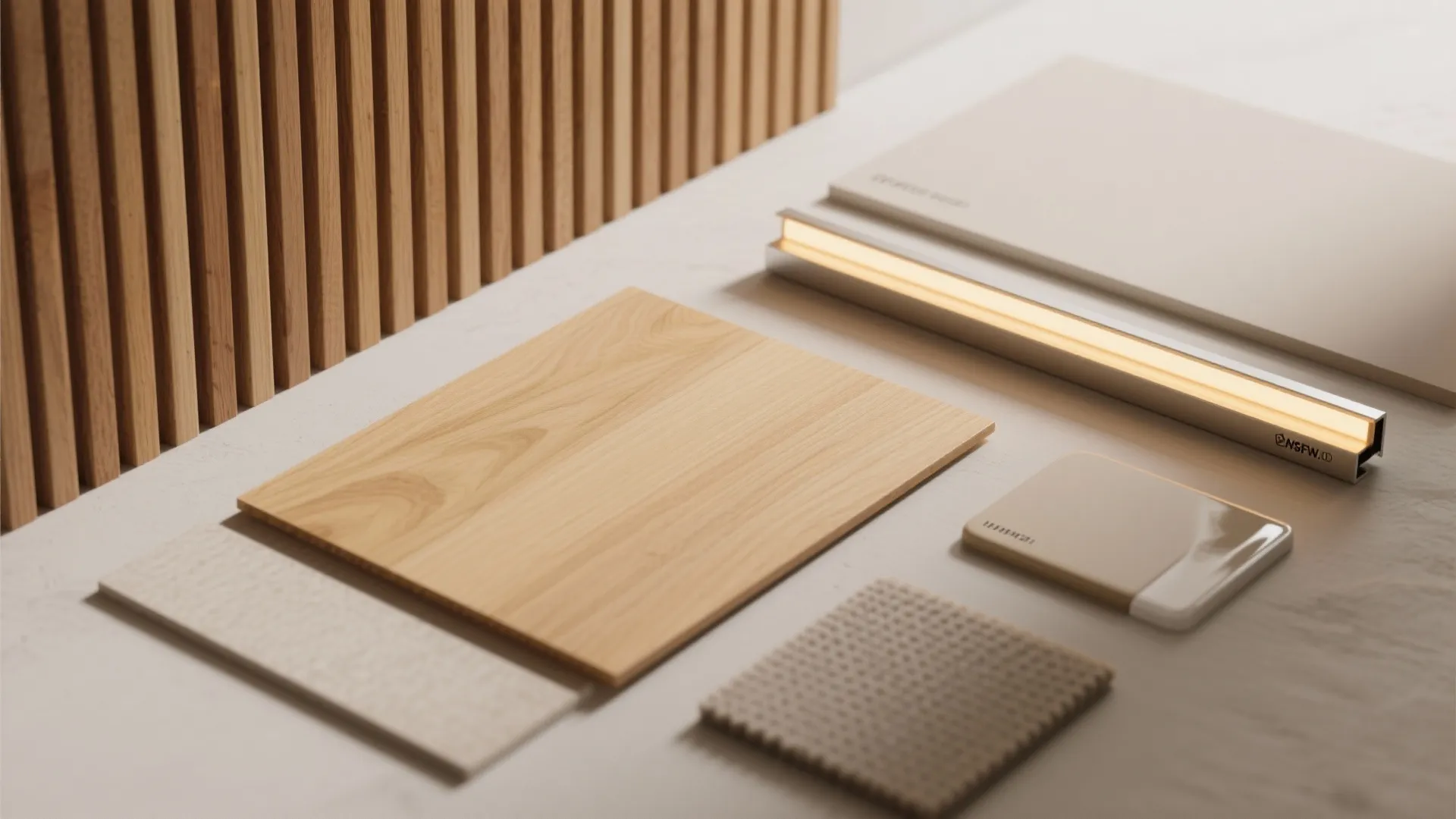 Warm wood veneer slats with concealed strips