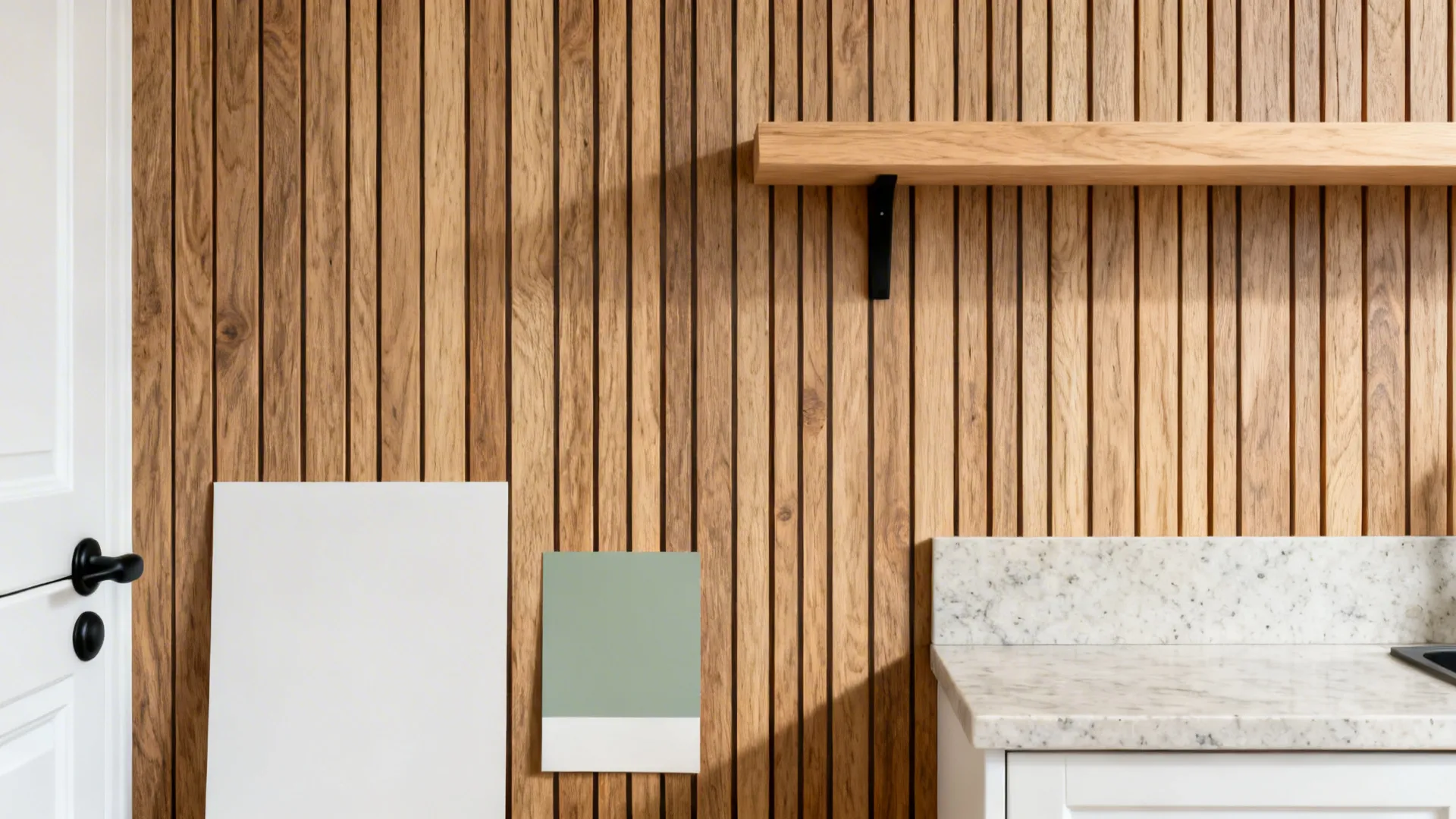 Flatlay of faux wood slat wallpaper, white and sage finishes, black hardware, oak shelf, and quartz sample.