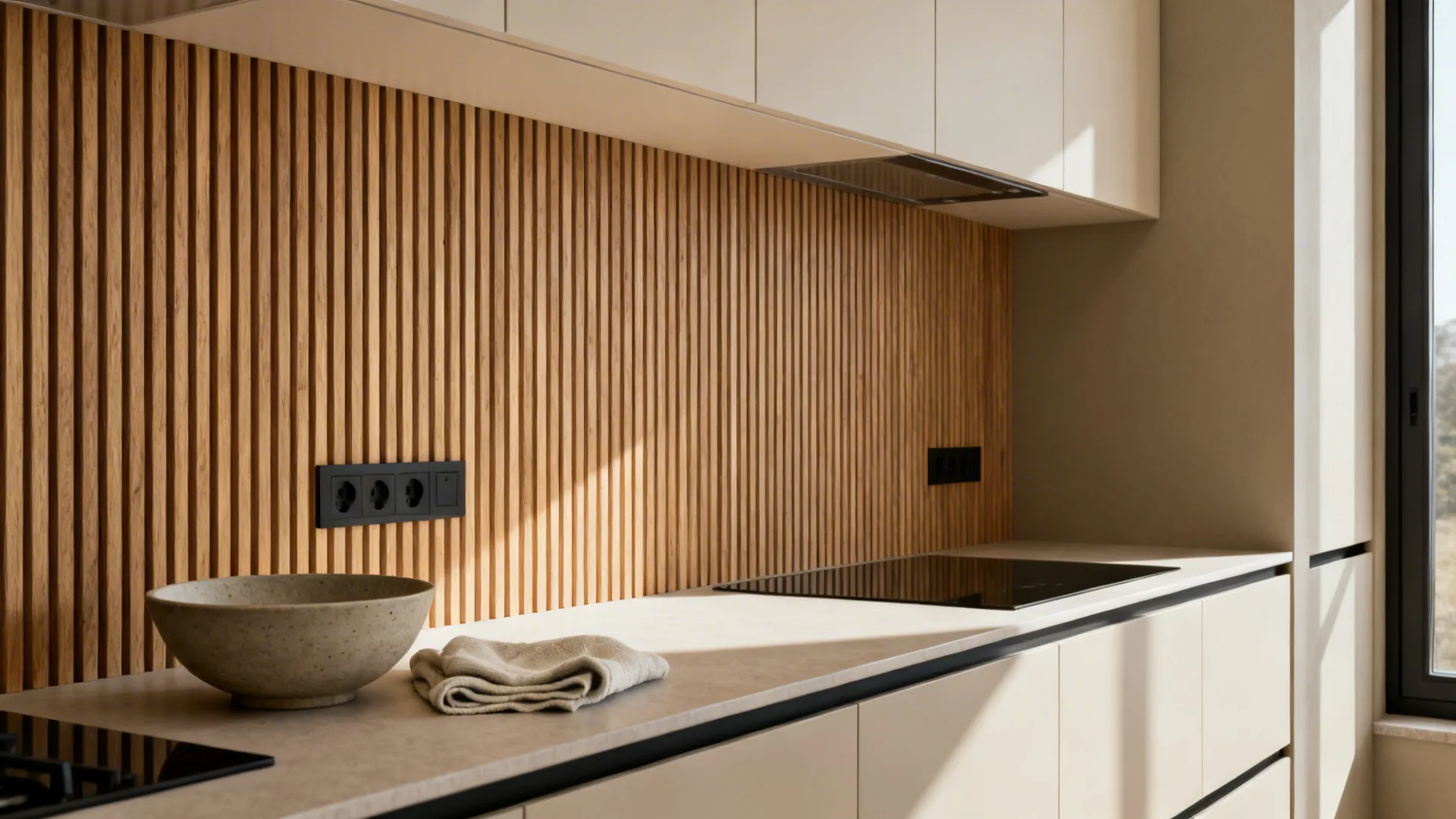 Vertical oak slat feature wall beside warm greige paint elevates a small rustic kitchen.
