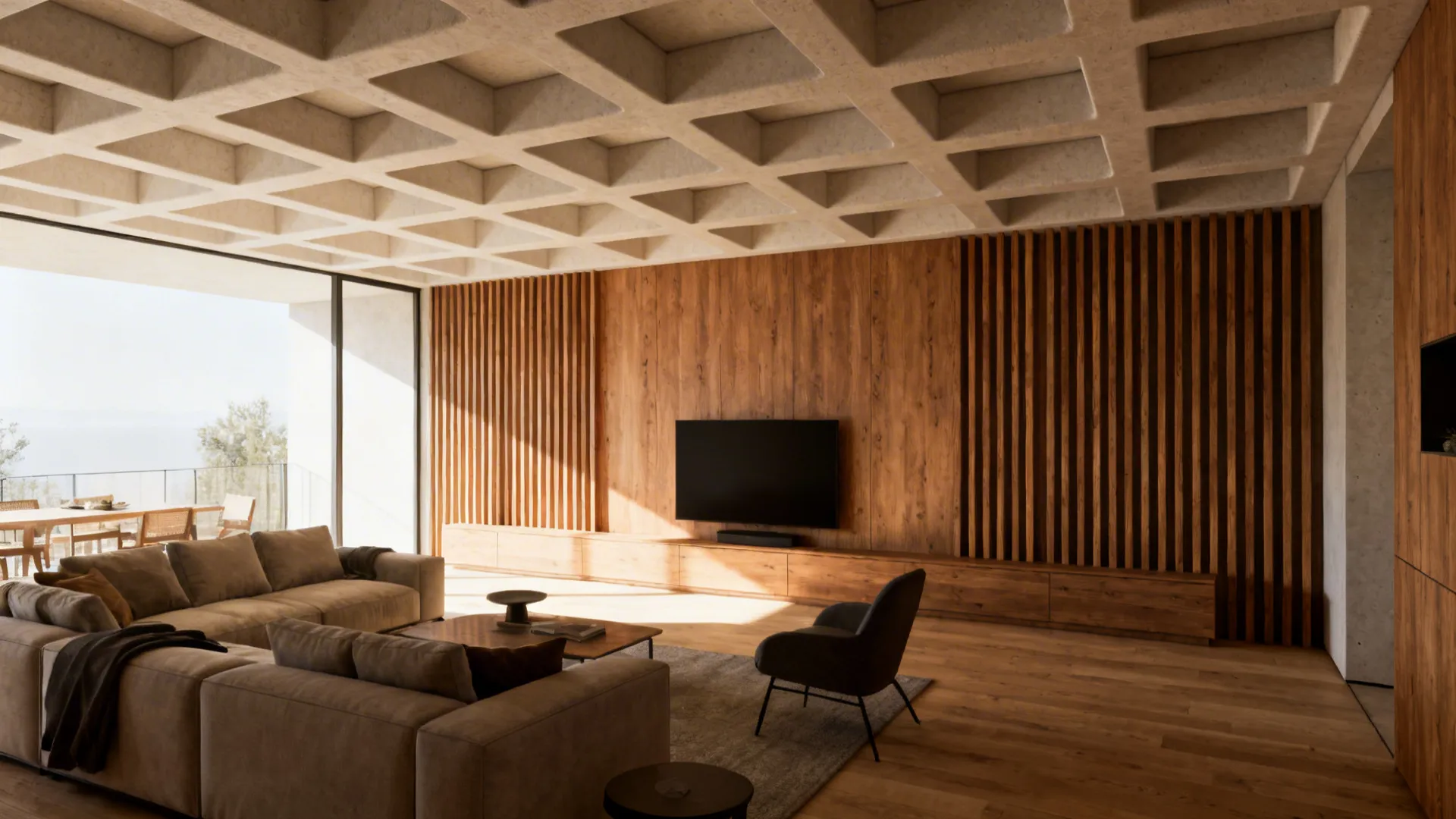 Loft living room with a gypsum grid ceiling accented by timber slats connecting to a wooden media wall.