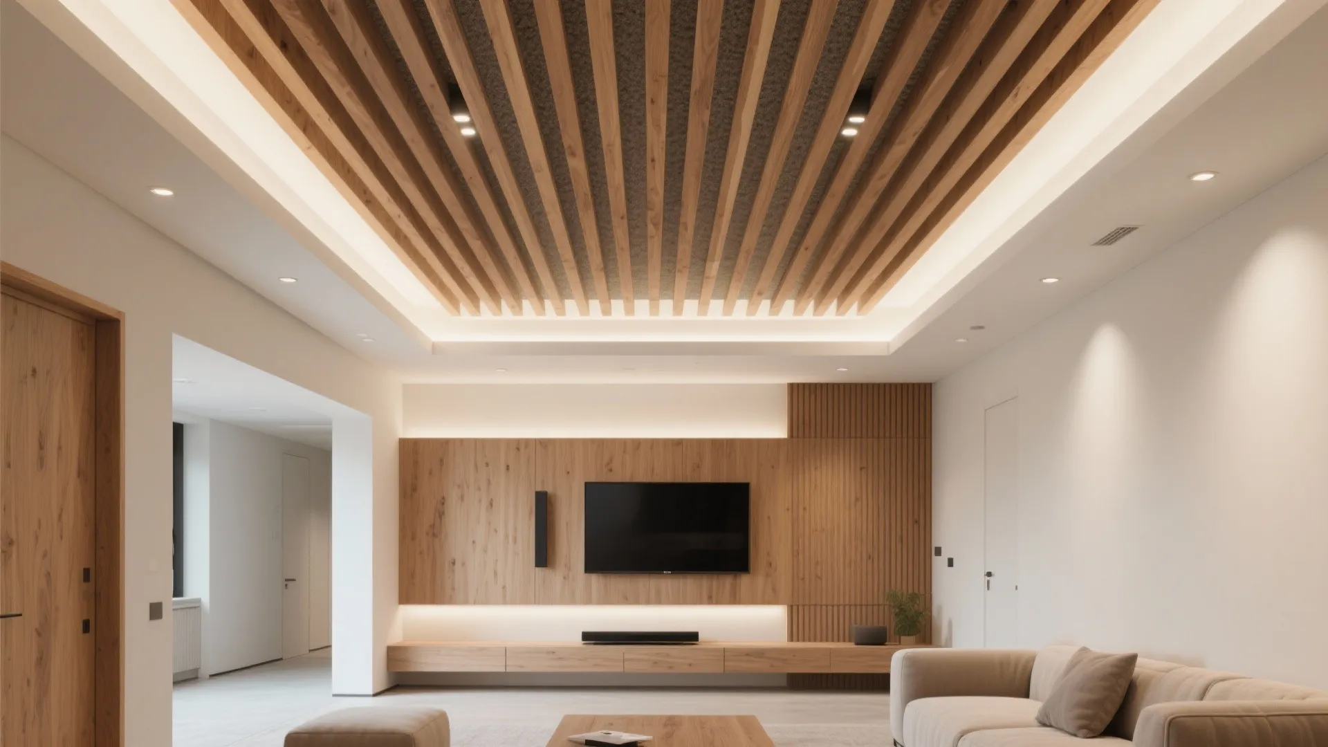 Wood-Slat + Gypsum Hybrid Ceiling