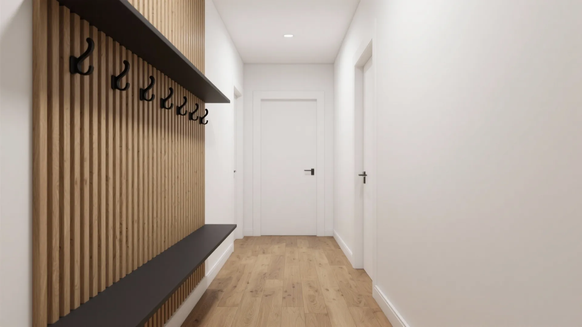 Warm wood accents with matte black detail