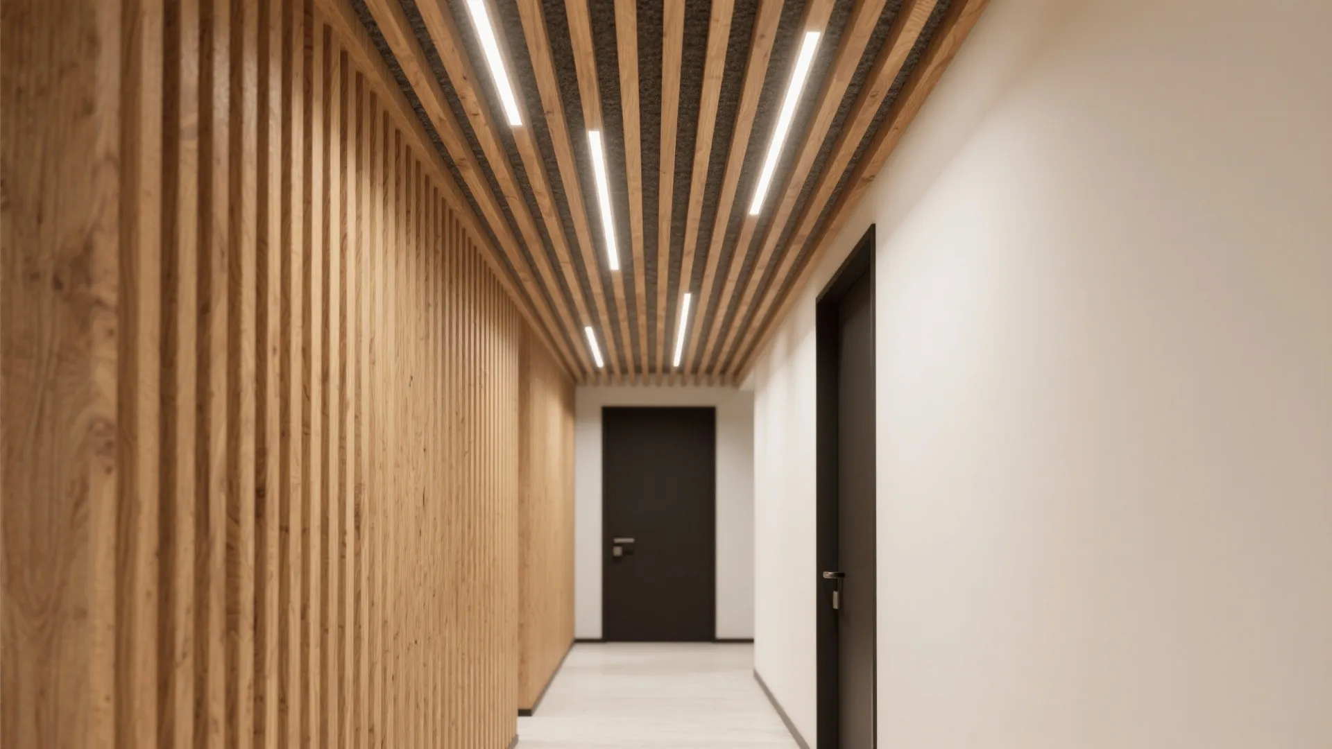 Modern hallway featuring wood slat wall and ceiling with integrated light strips and black doors