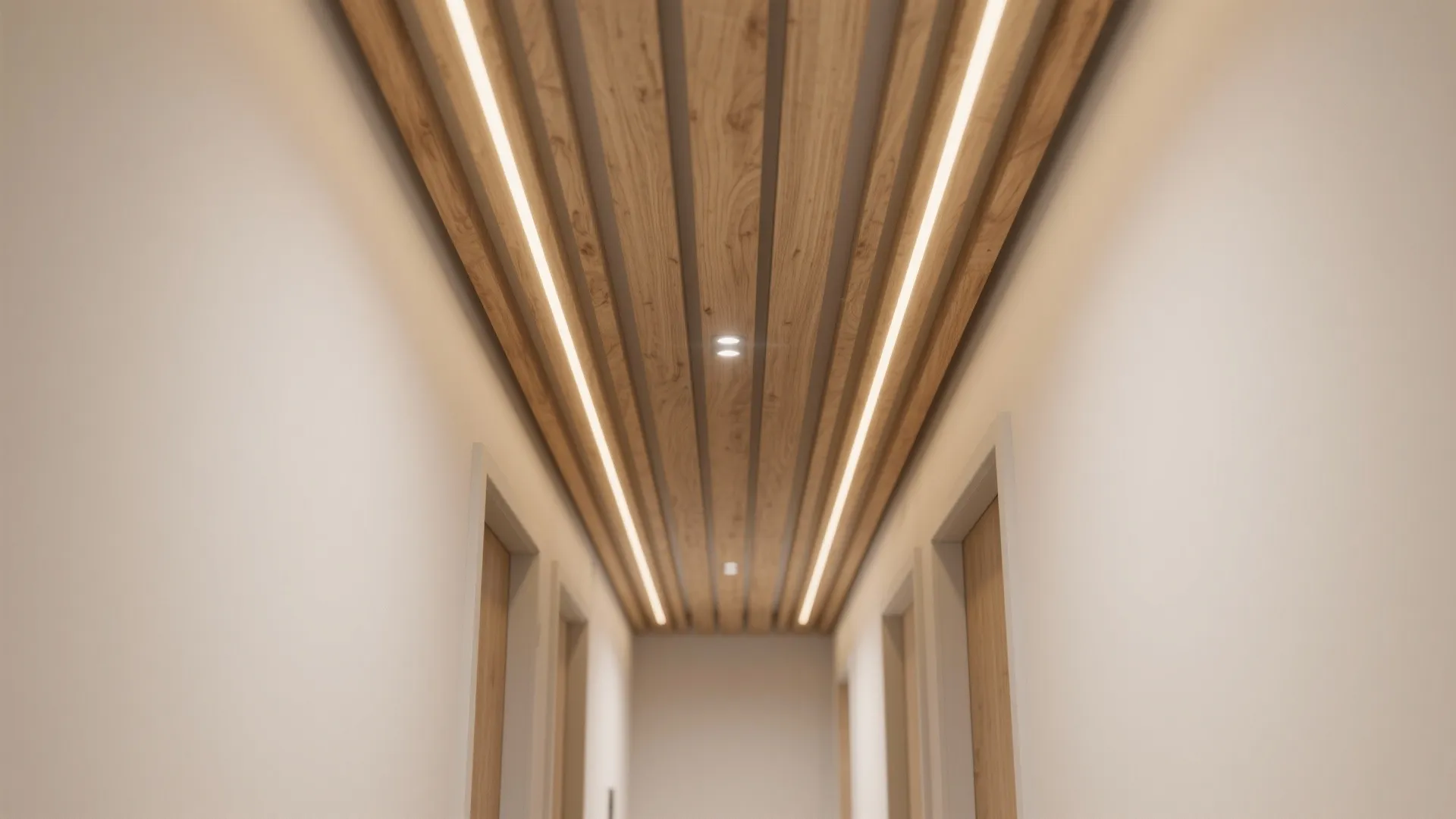 Warm wood veneer slats with concealed strips