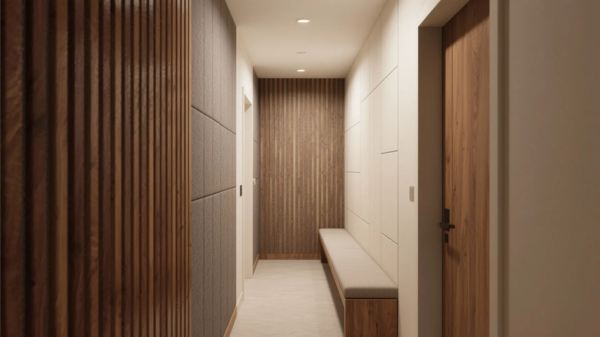 Layered Wood Panels and Slat Walls for Texture and Acoustics