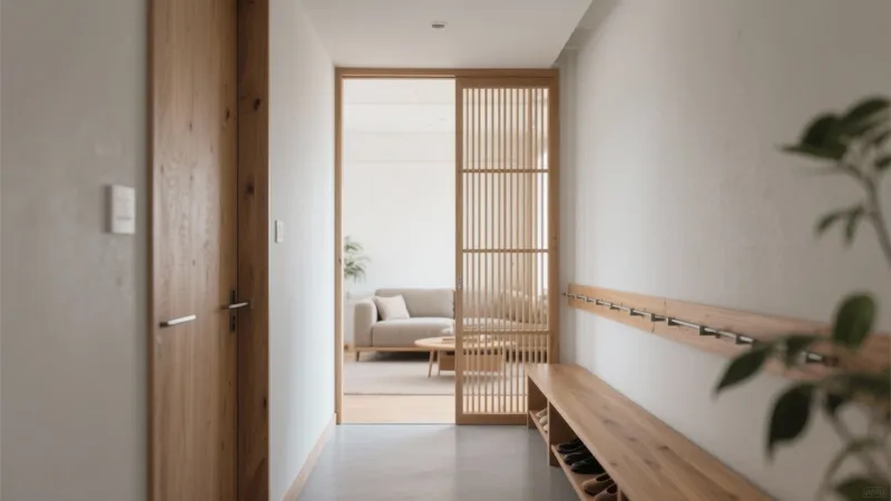 Japanese-Inspired Entryway with Wooden Sliding Screen
