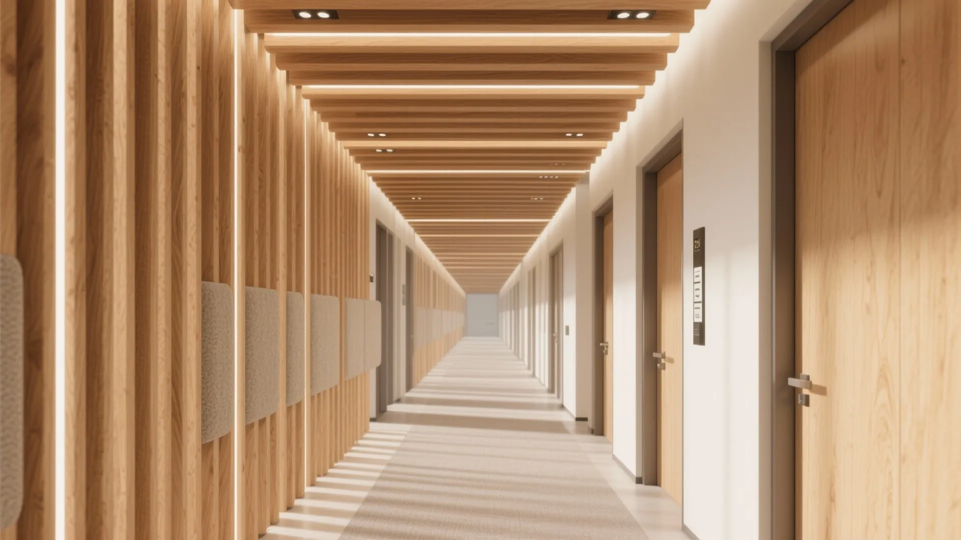 2) Linear slat feature ceiling in warm wood tones