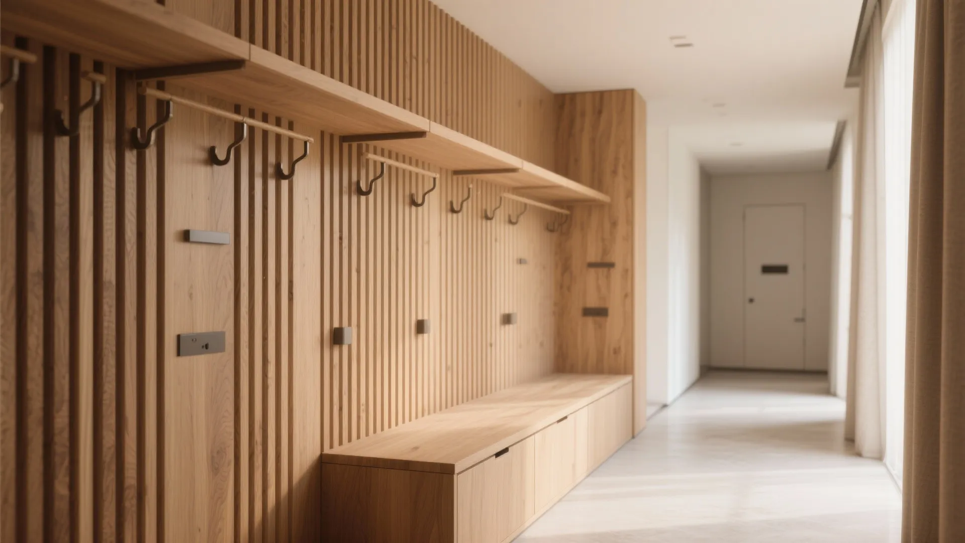 Warm wood slat wall unit with hidden hooks