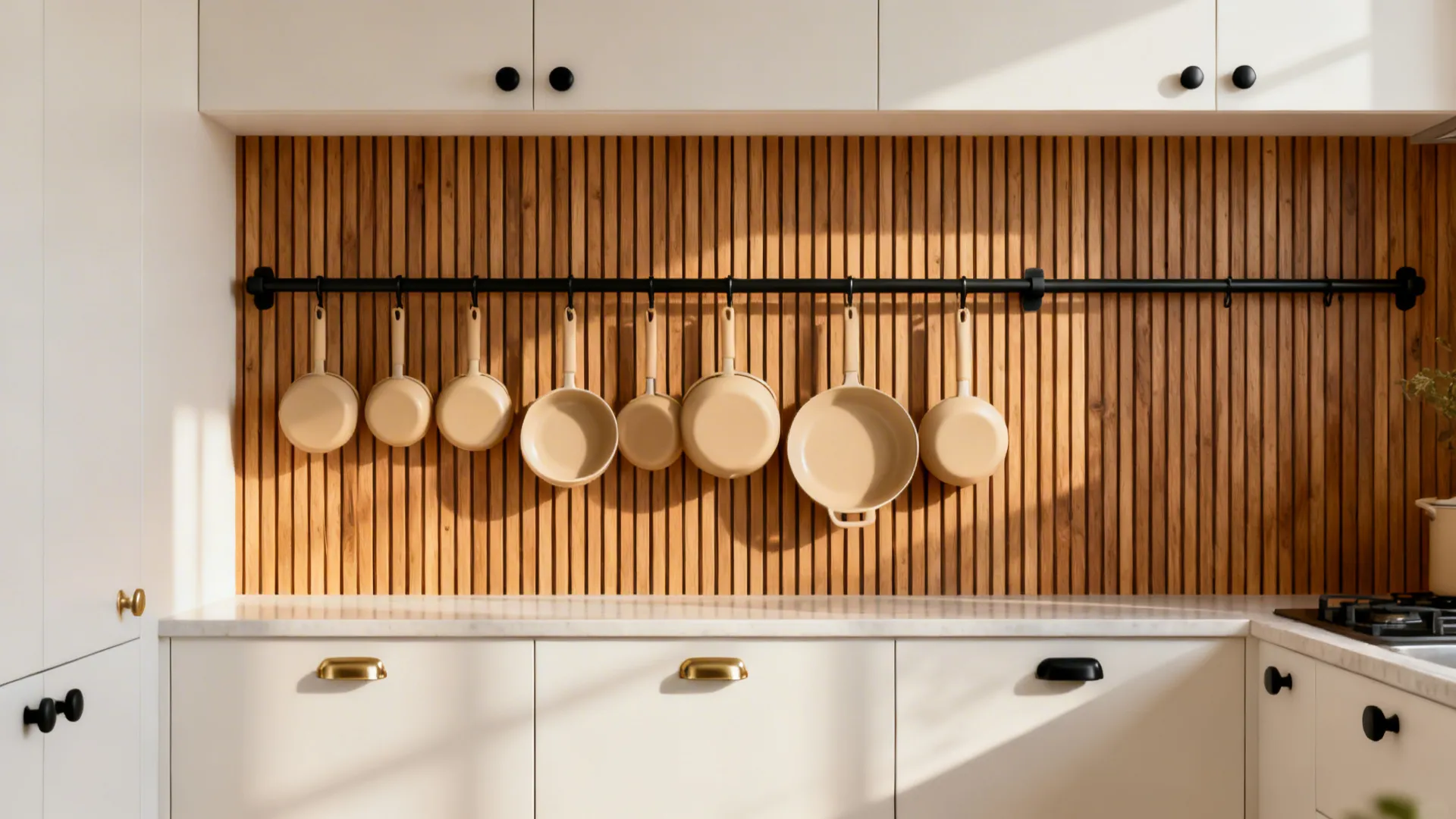 Vertical wood slat illusion wallpaper behind a rail system in a cozy micro-kitchen.