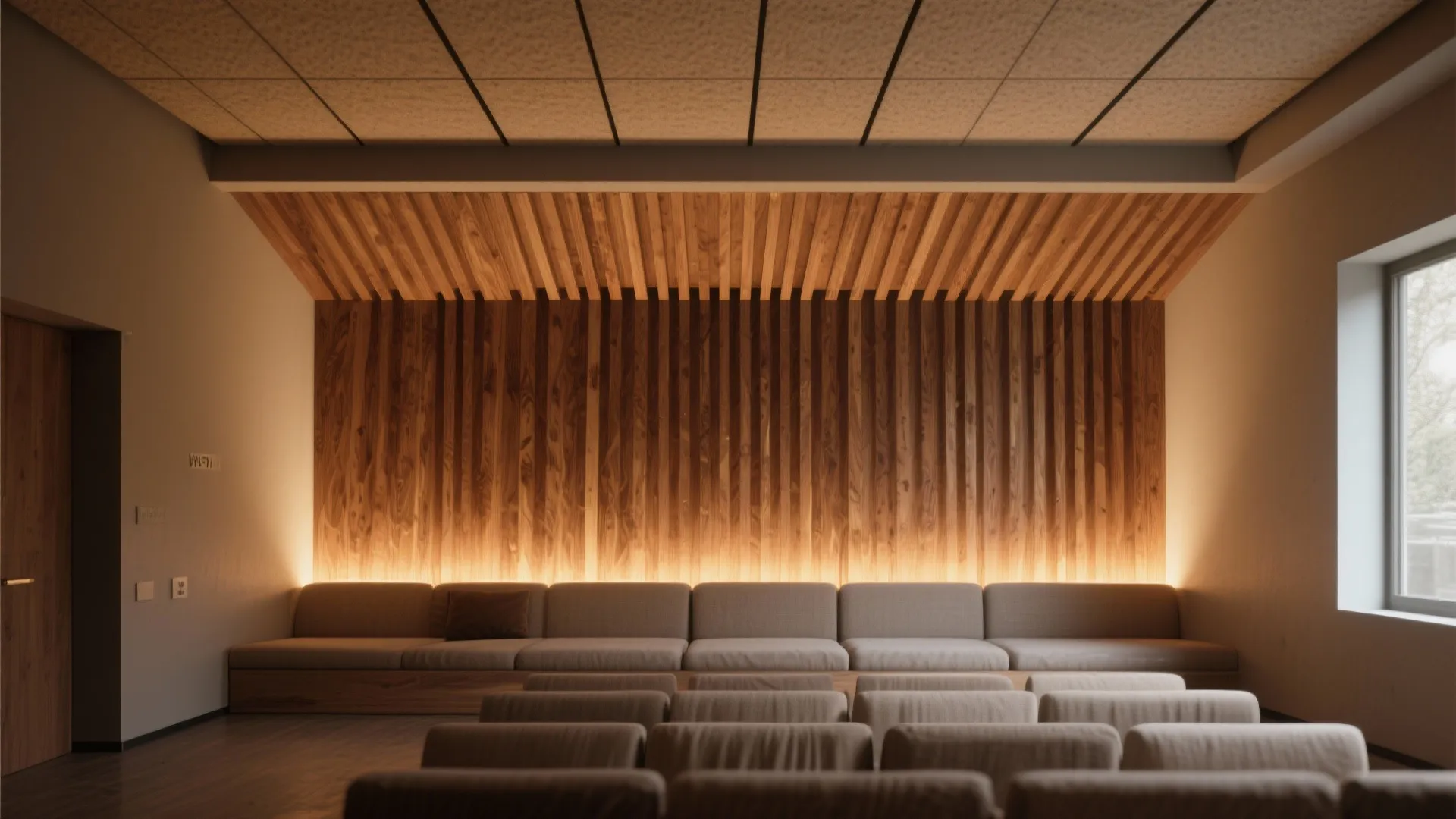 Modern room layout with vertical wood wall panel soft hidden lighting and rows of seating chairs