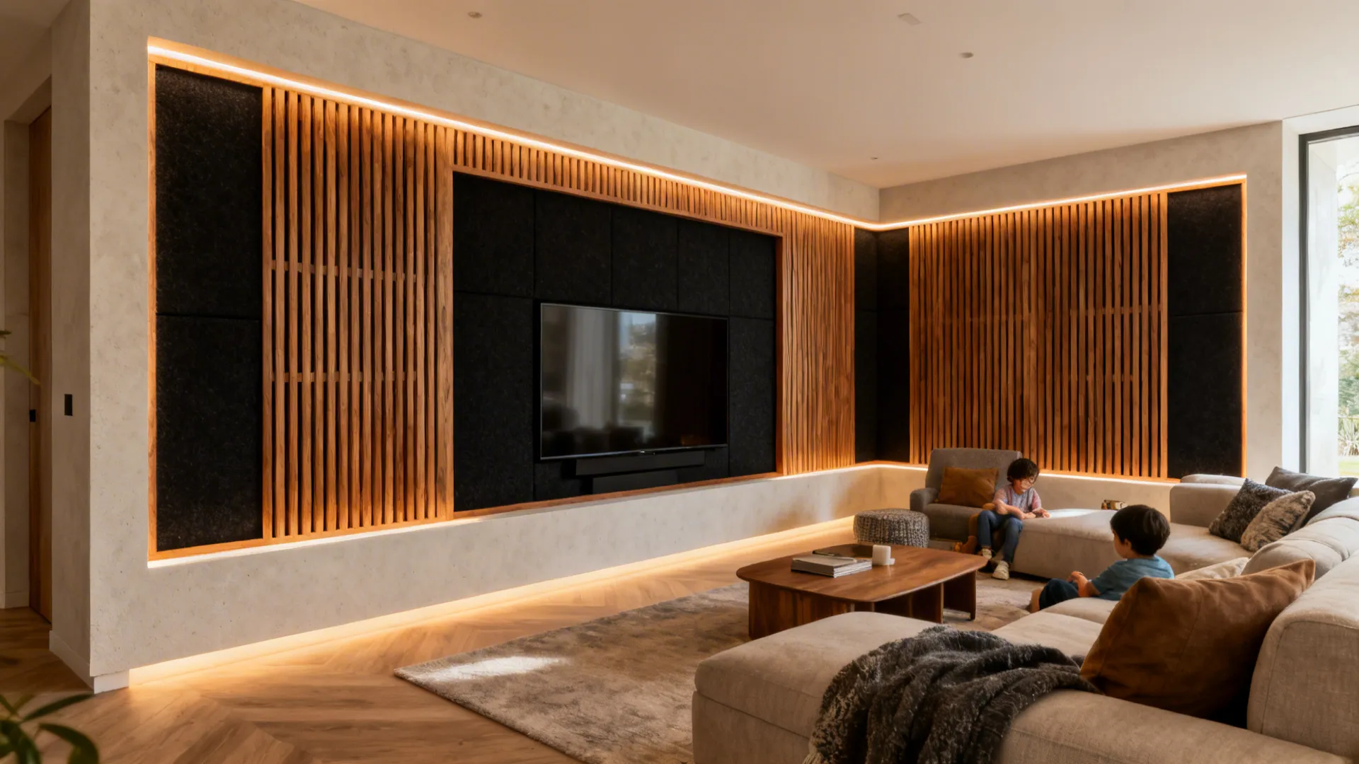 Wood slat inset ceiling with black felt backing adds warmth and acoustic control in an L-shaped lounge.