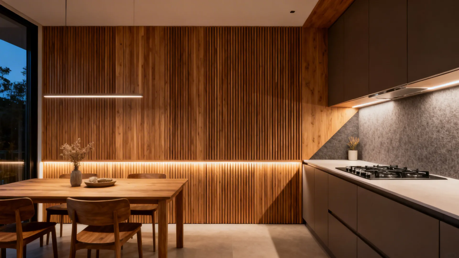Scandinavian oak acoustic slat panels with soft LED backlighting warm an open-plan kitchen-dining area.