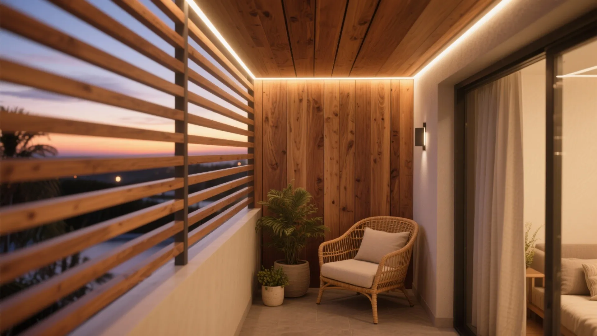 Cozy balcony with wood wall panel ceiling light wicker chair green plants and sunset view