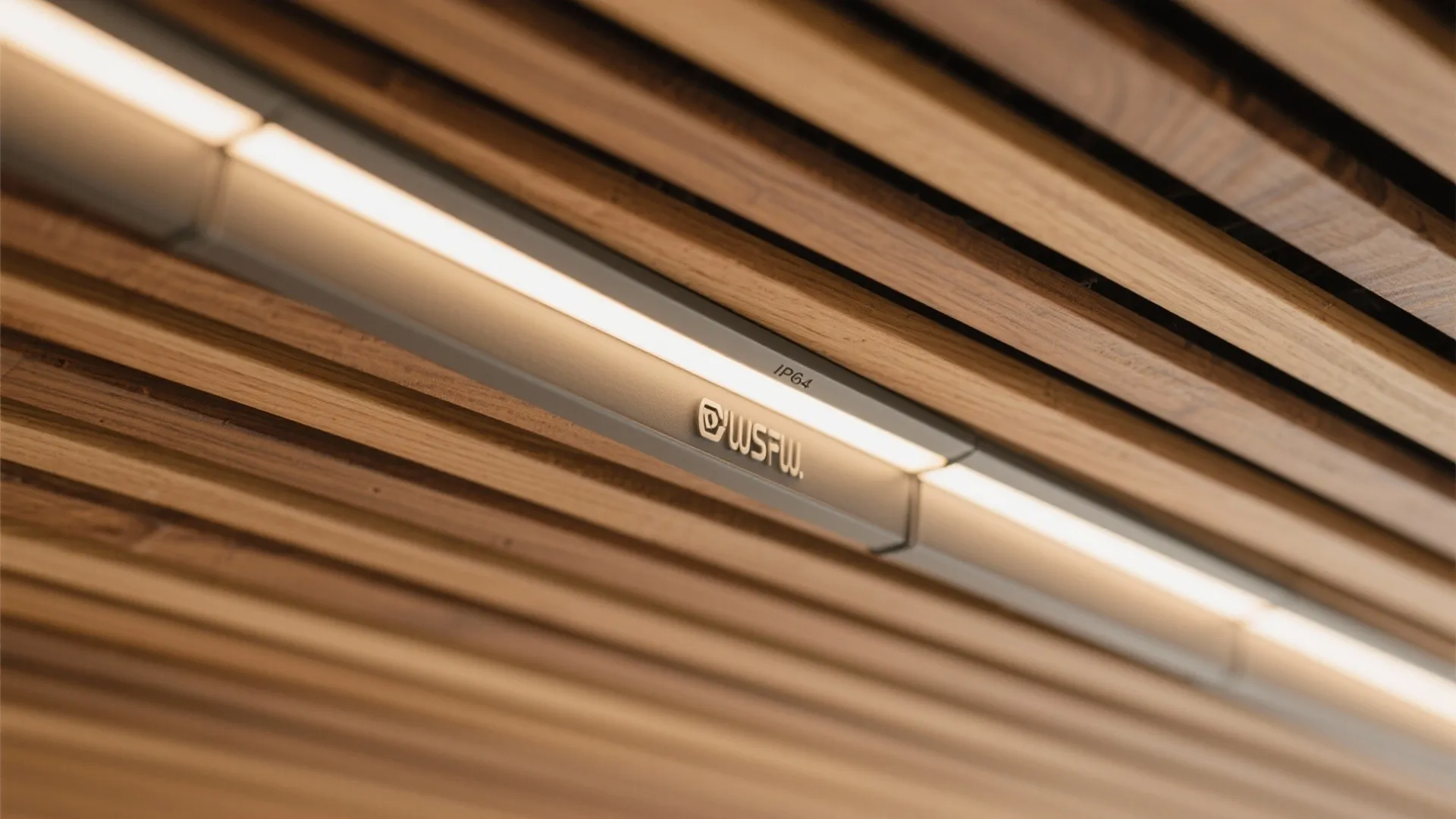 Close up view of warm LED light strip integrated into a modern brown wood ceiling