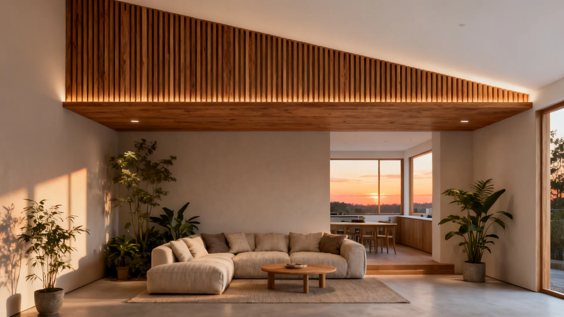 Oak slat ceiling strip with hidden LEDs grazing warm light in the lounge zone.