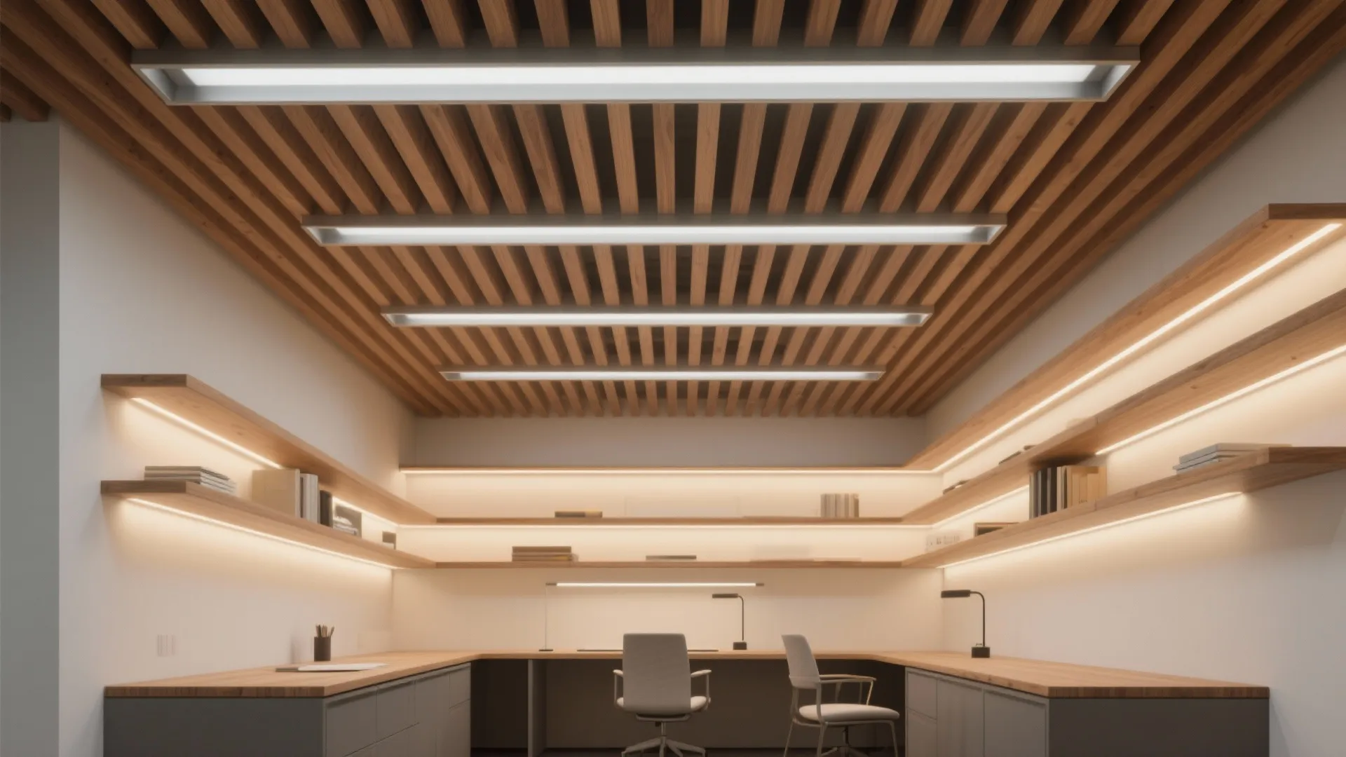 Modern office interior design drawing with wood slat ceiling light fixtures and long wooden wall shelves