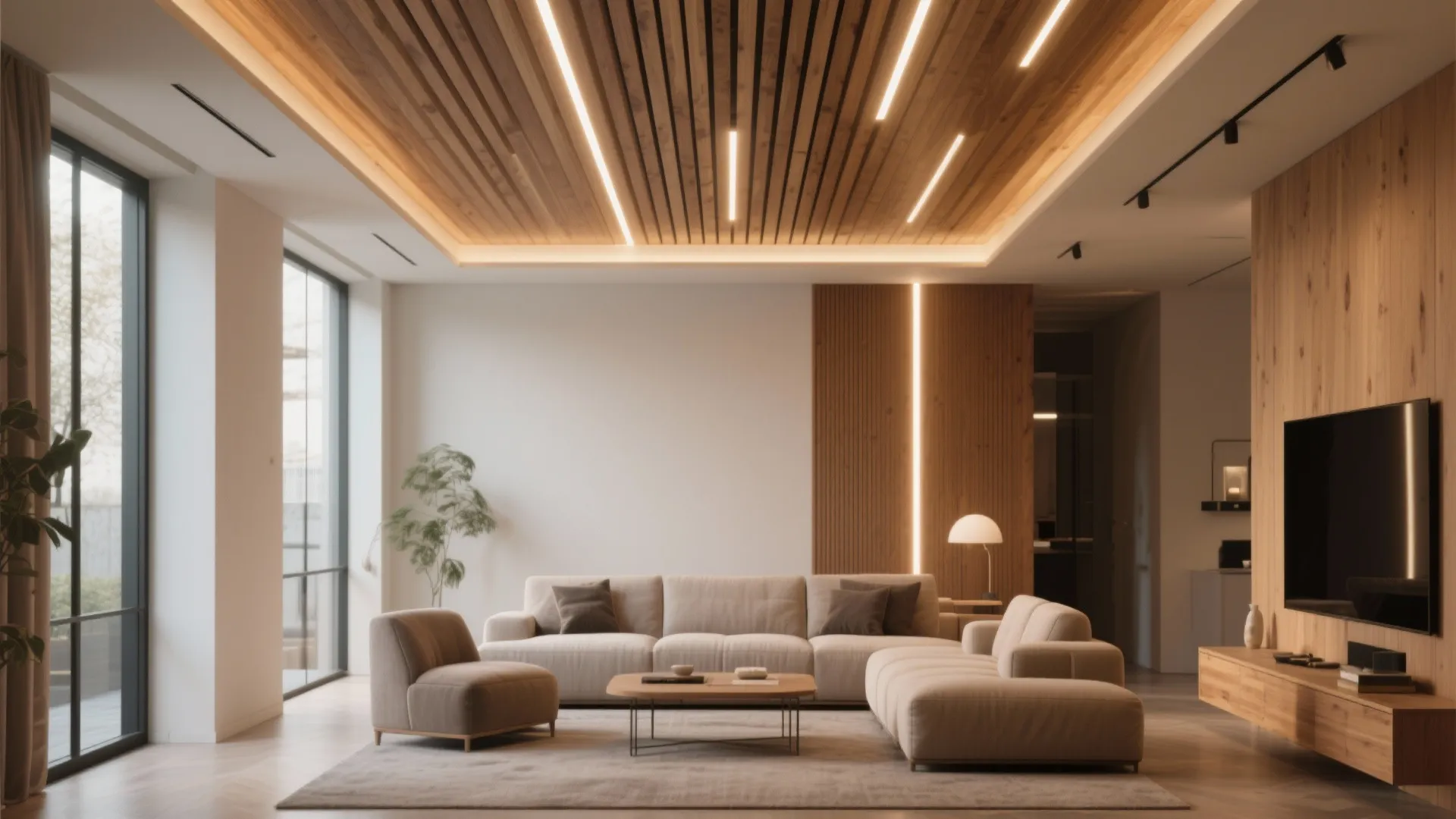 Modern living room with wooden slat ceiling lights, beige sofa, wood wall panel, and big windows