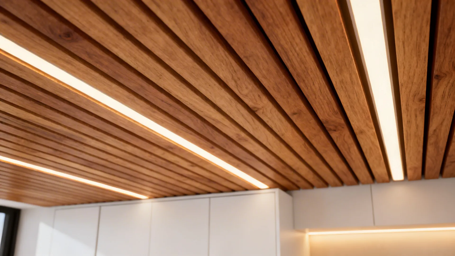 Macro of oak ceiling slats with integrated linear lighting highlighting grain and sealed finish.