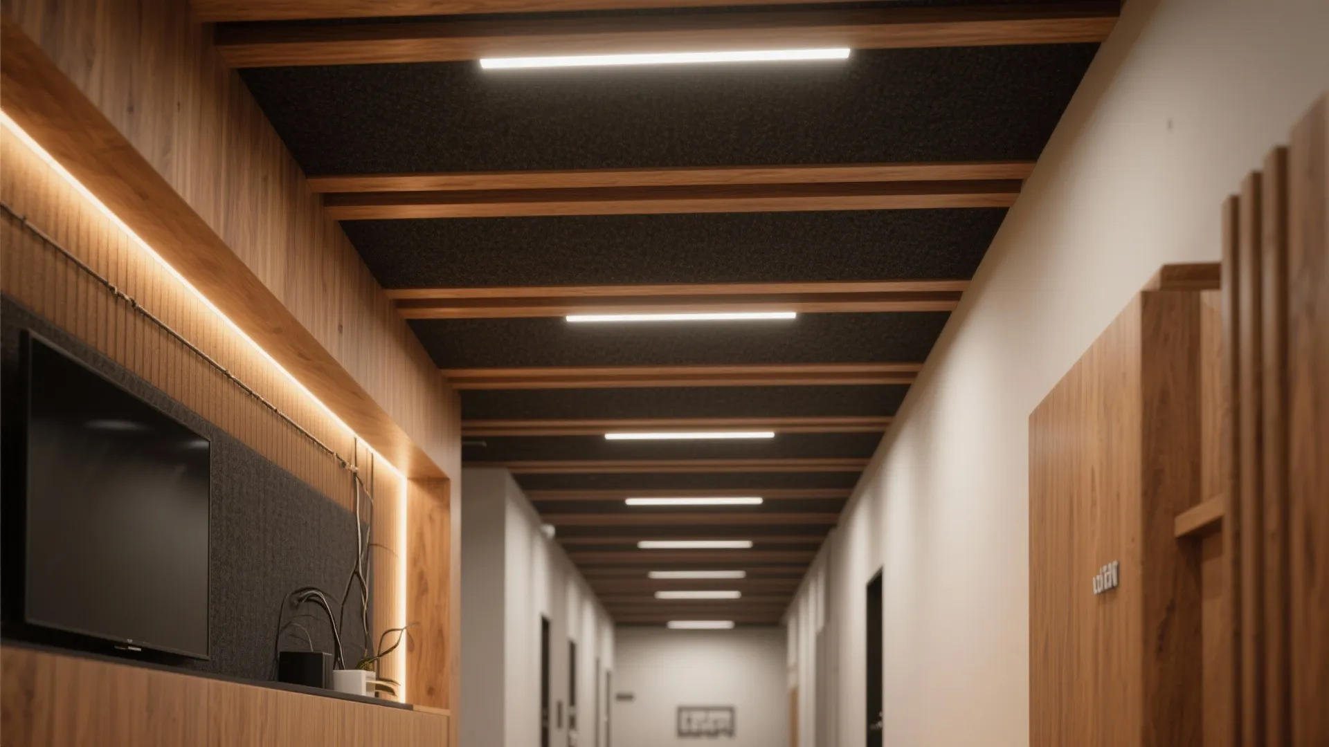 Office hallway interior design drawing featuring wooden wall panels and linear light fixtures on ceiling