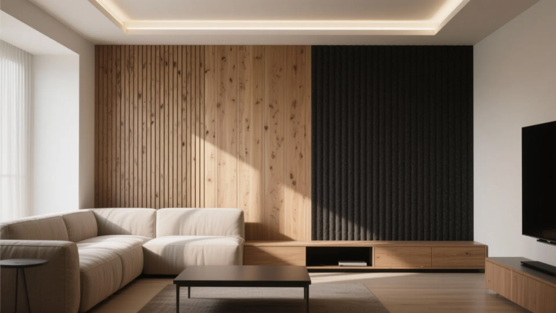 Modern living room with wood wall panel beige sofa black coffee table and warm ceiling light
