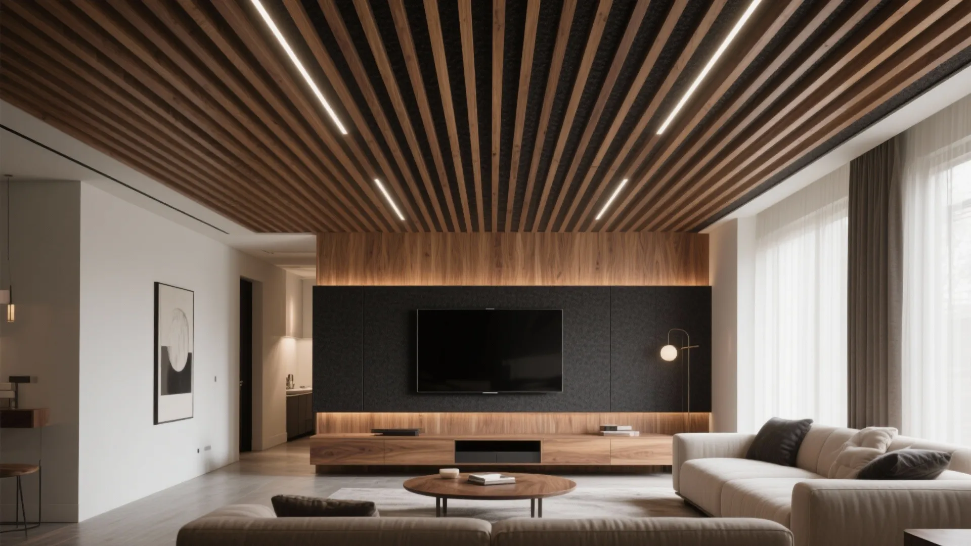 Living room with wood slat ceiling light fixtures black wall cabinet and large beige corner sofa