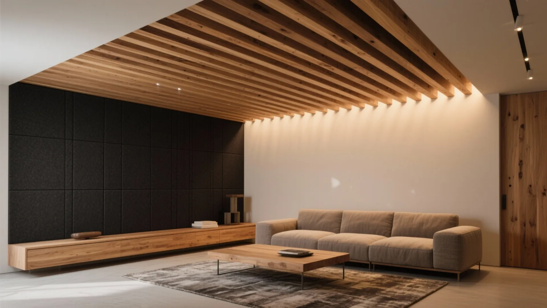 Warm wood slat canopy for texture and acoustics