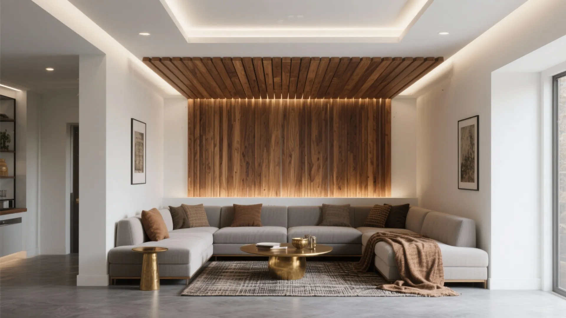 Wood slat accent over seating for warmth and focus