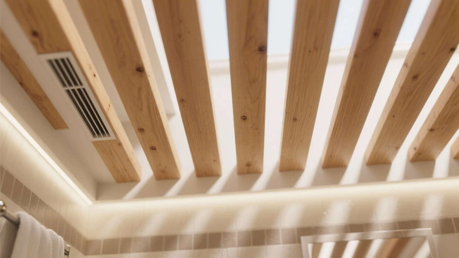 Modern bathroom ceiling with decorative wood slats and hidden light fixture for a warm feel
