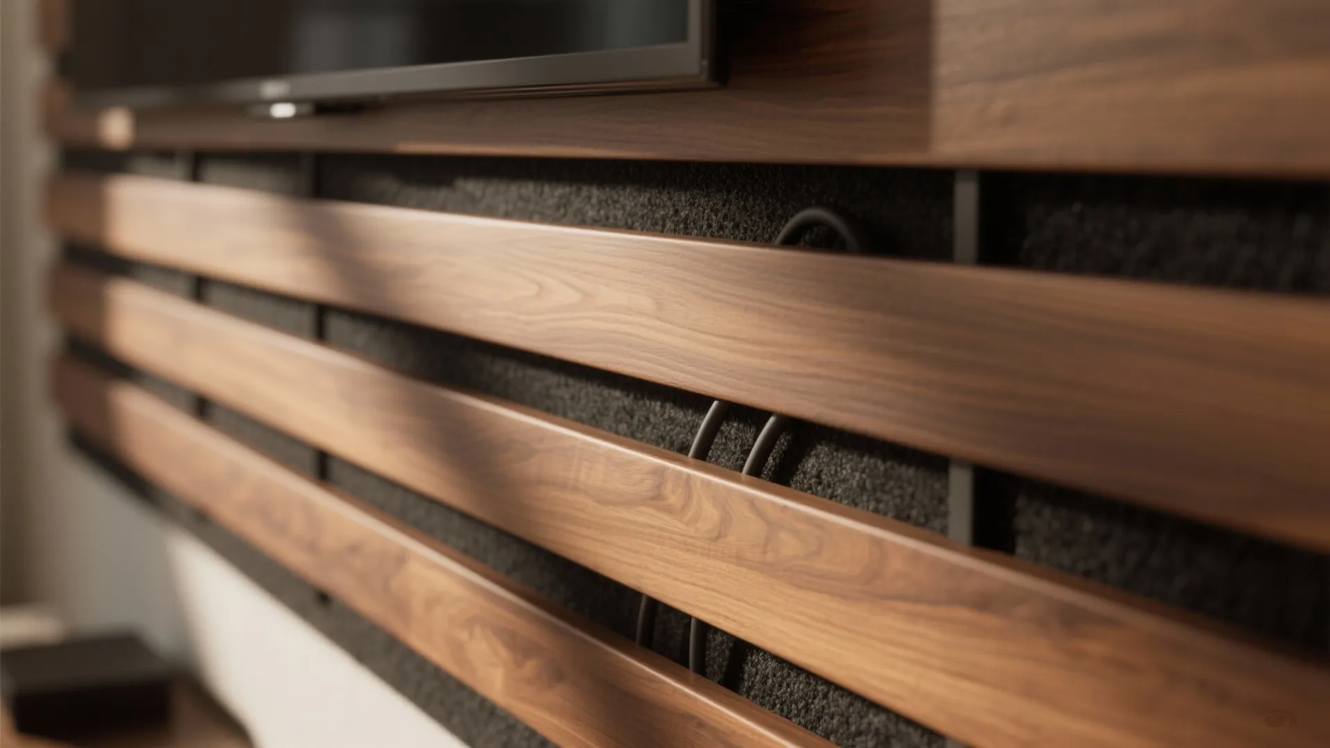 Warm wood slat wall with hidden acoustics