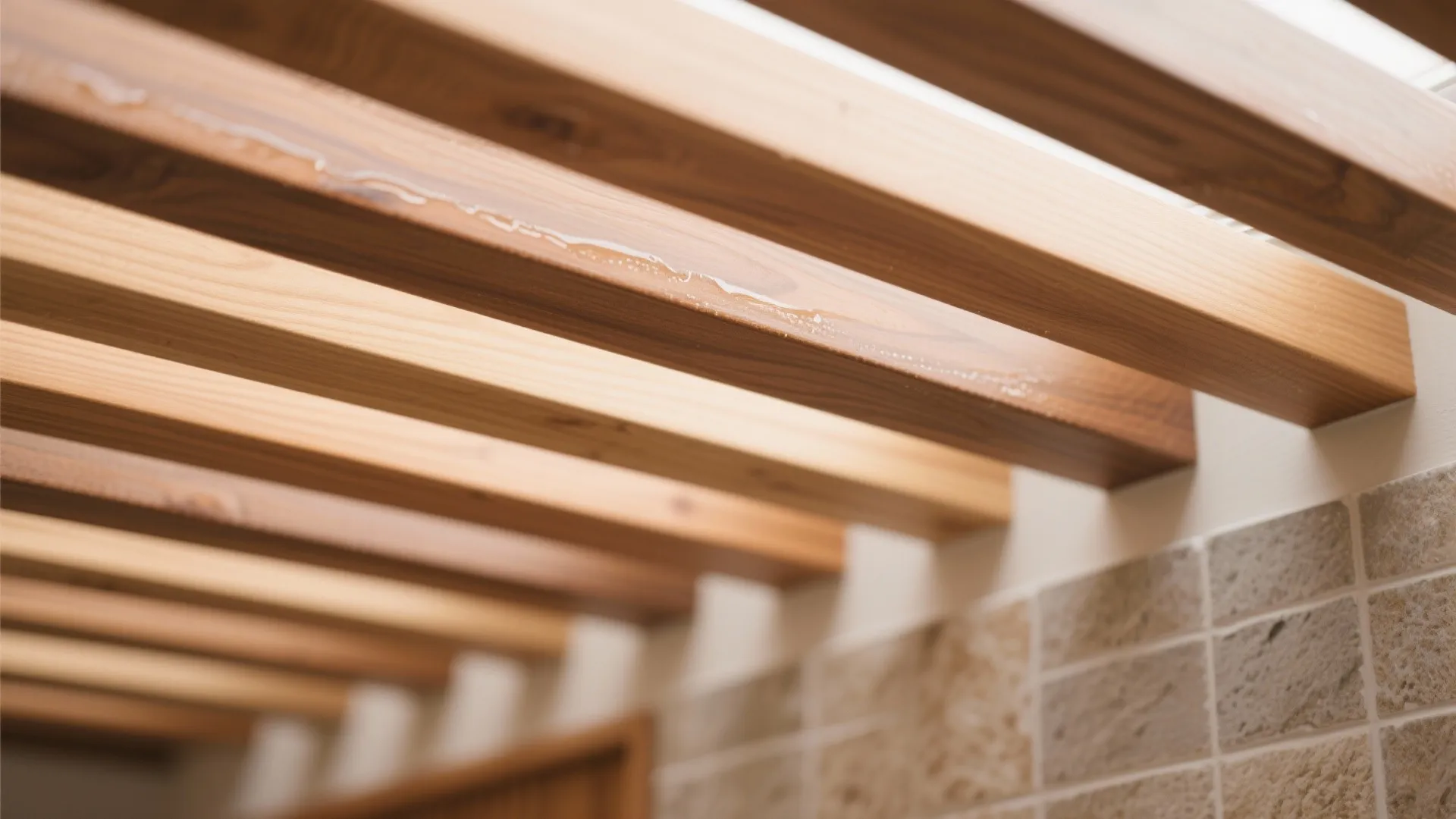 Close up view of brown wood slats on a white ceiling next to stone wall