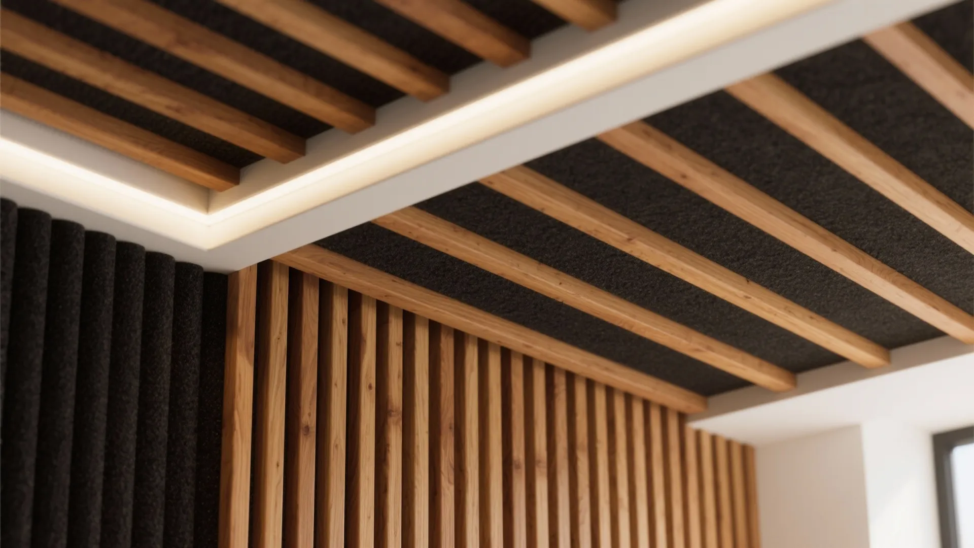 Warm Wood-Slat Hybrid Ceiling