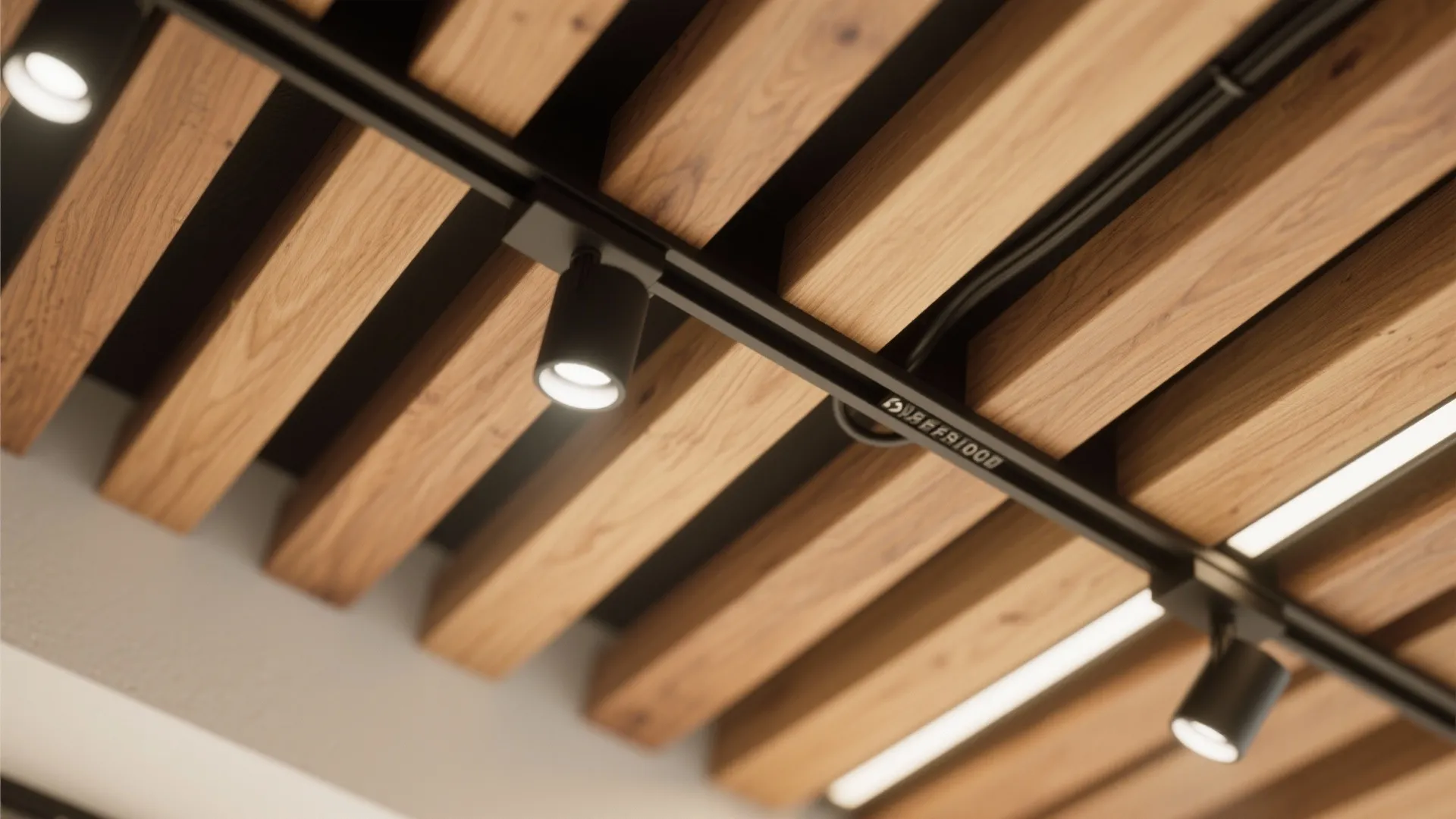 Modern ceiling design with warm wooden slats and black track light fixtures in a room