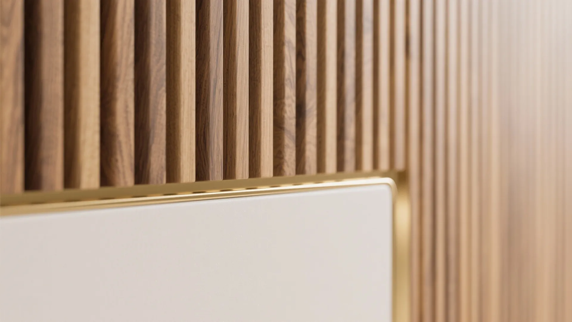 Close up of vertical brown wood wall panel with golden metal trim and white surface
