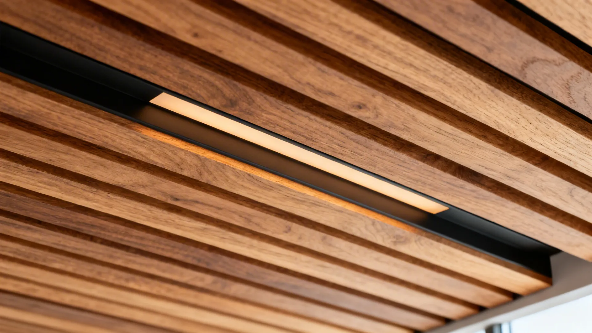 Macro detail of oak slats with a concealed LED channel and diffuser, showing fine grain and matte finish.