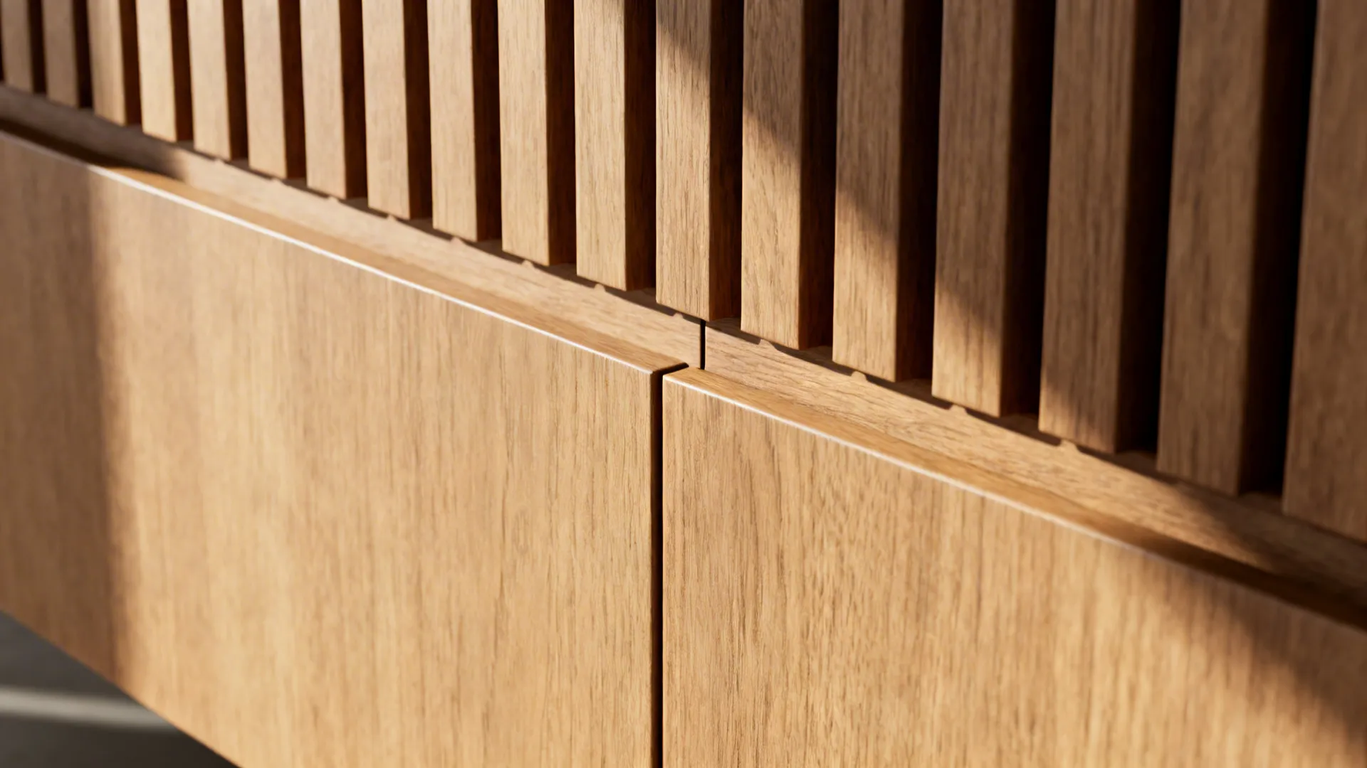 Macro detail of oak slats and floating console edge showing fine grain and shadow gap.