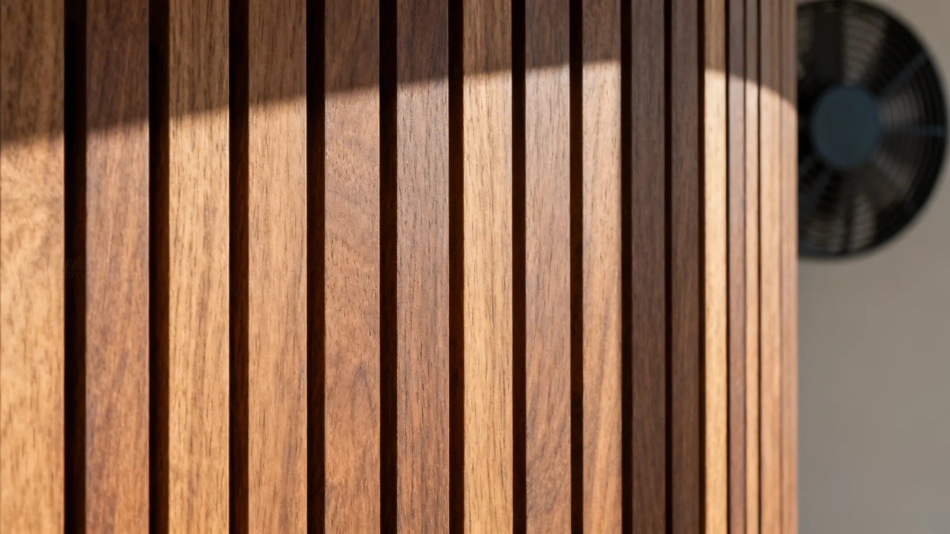 Macro of wood slat ceiling showing matte grain, precise gaps, and clean alignment with soft daylight.